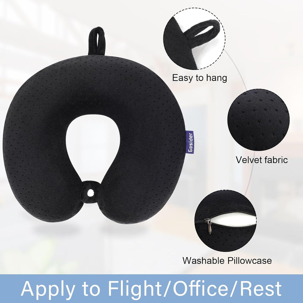 Black Travel Neck Pillow Memory Foam Airplane Pillow for Neck and Head Support Soft Portable U Shape Neck Pillow for Plane, Car & Home…