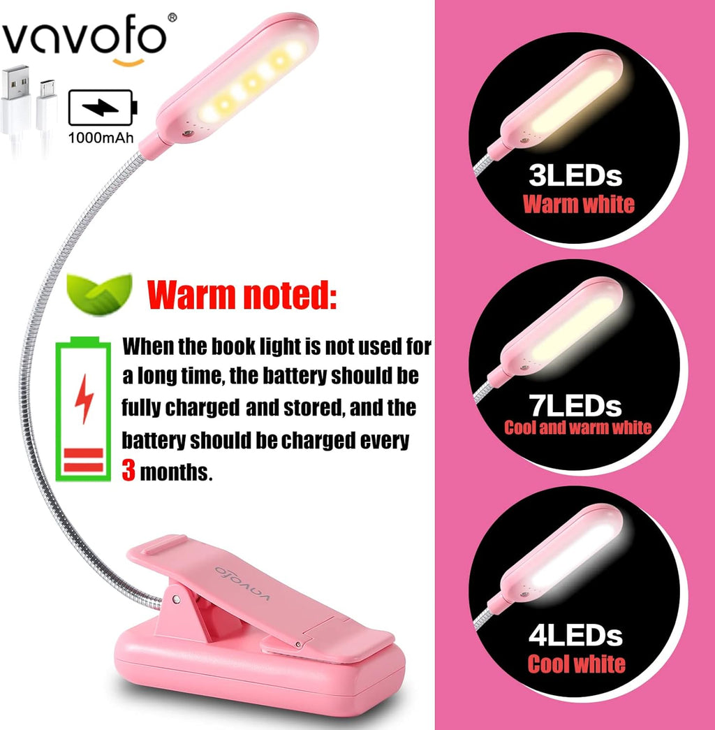 Vavofo Rechargeable Book Light for Reading in Bed Kids, 7 LED Reading Light with 9-Level Warm Cool White Daylight, Eye comfort Lamp with…