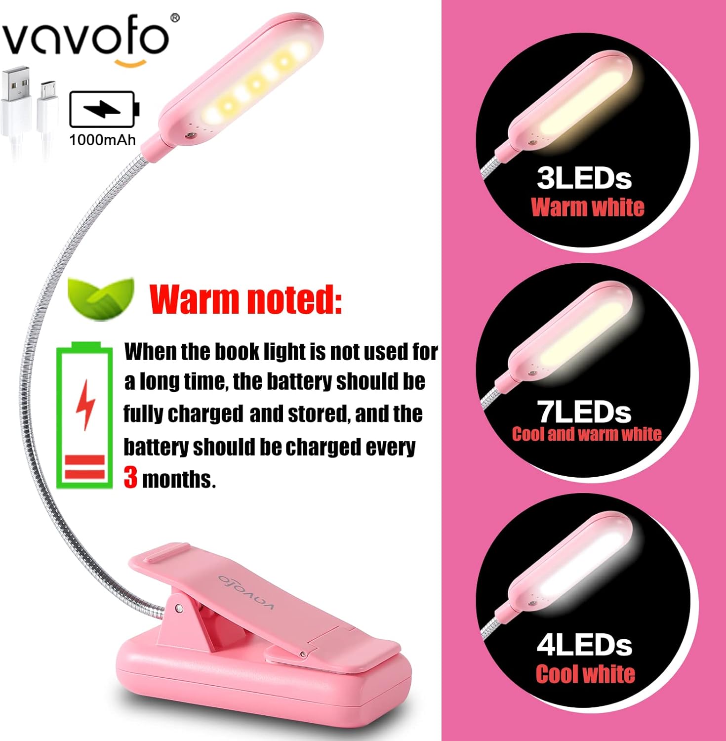 Vavofo Rechargeable Book Light for Reading in Bed Kids, 7 LED Reading Light with 9-Level Warm Cool White Daylight, Eye comfort Lamp with…