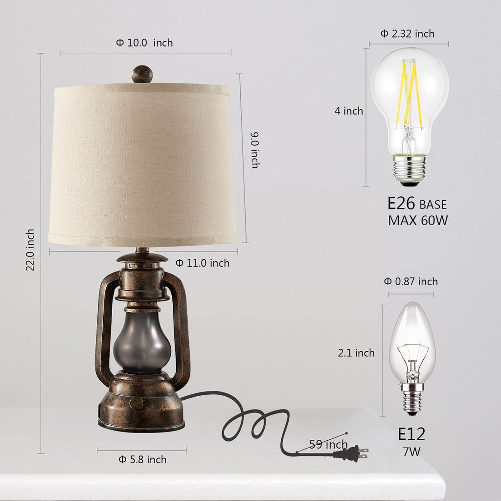 Farmhouse Lantern Table Lamps for Living Room Set of 2, Vintage Bedroom Resin Lamp with Dual USB Charging Ports, Rustic Retro Bedside…