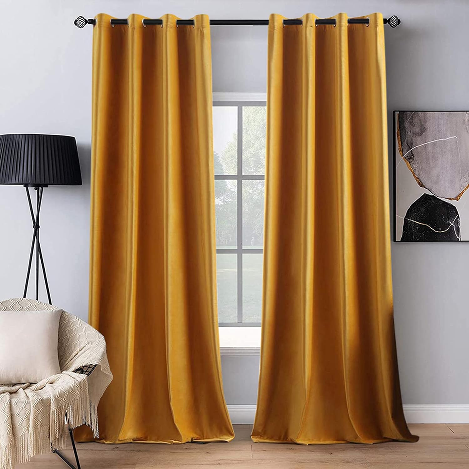 MIULEE 2 Panels Blackout Velvet Curtains Solid Soft Grommet Mustard Yellow Curtain Thermal Insulated Soundproof Room Darkening…