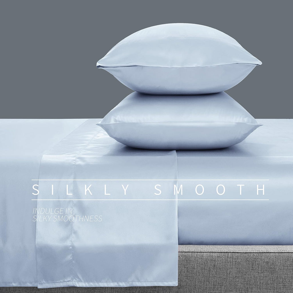 Cobedzy 3 Pcs Light Blue Satin Sheets Twin XL Size Silky Satin Bedding Sheets Set with 1 Deep Pocket Fitted Sheet, 1 Flat Sheet, 1 Pillowca…