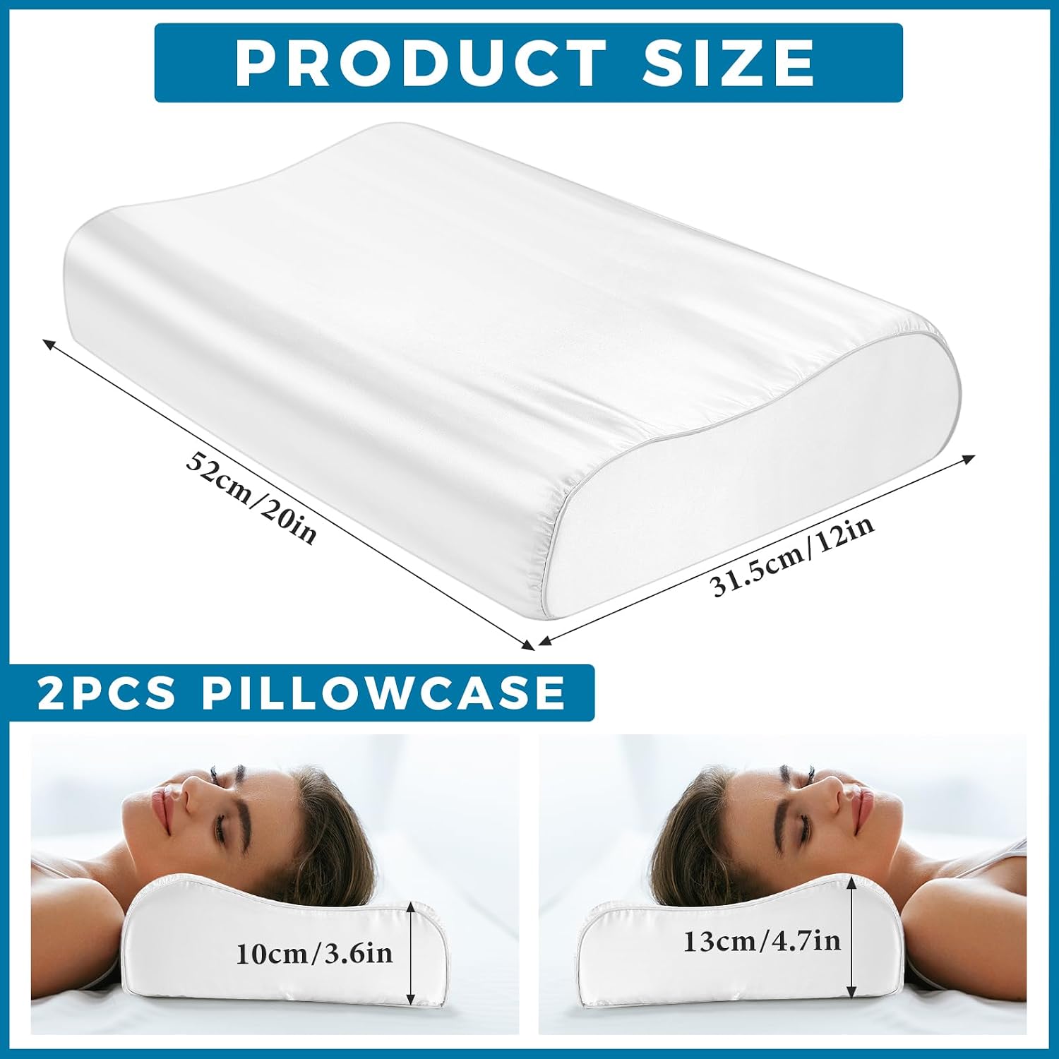 Breling 2 Pcs 20 x 12 in Imitated Silk Pillowcase for Memory Foam Neck Satin Pillow Case for Contoured Support Pillow Wave Shape, White 2 P…
