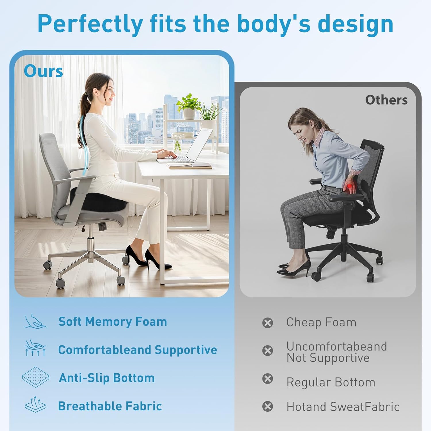 BlissTrends Seat Cushion,5.2in Thick Memory Foam Cushions for Office Chair, Car Seat, Airplane, Relieving Pressure Tailbone Sciatica Back P…