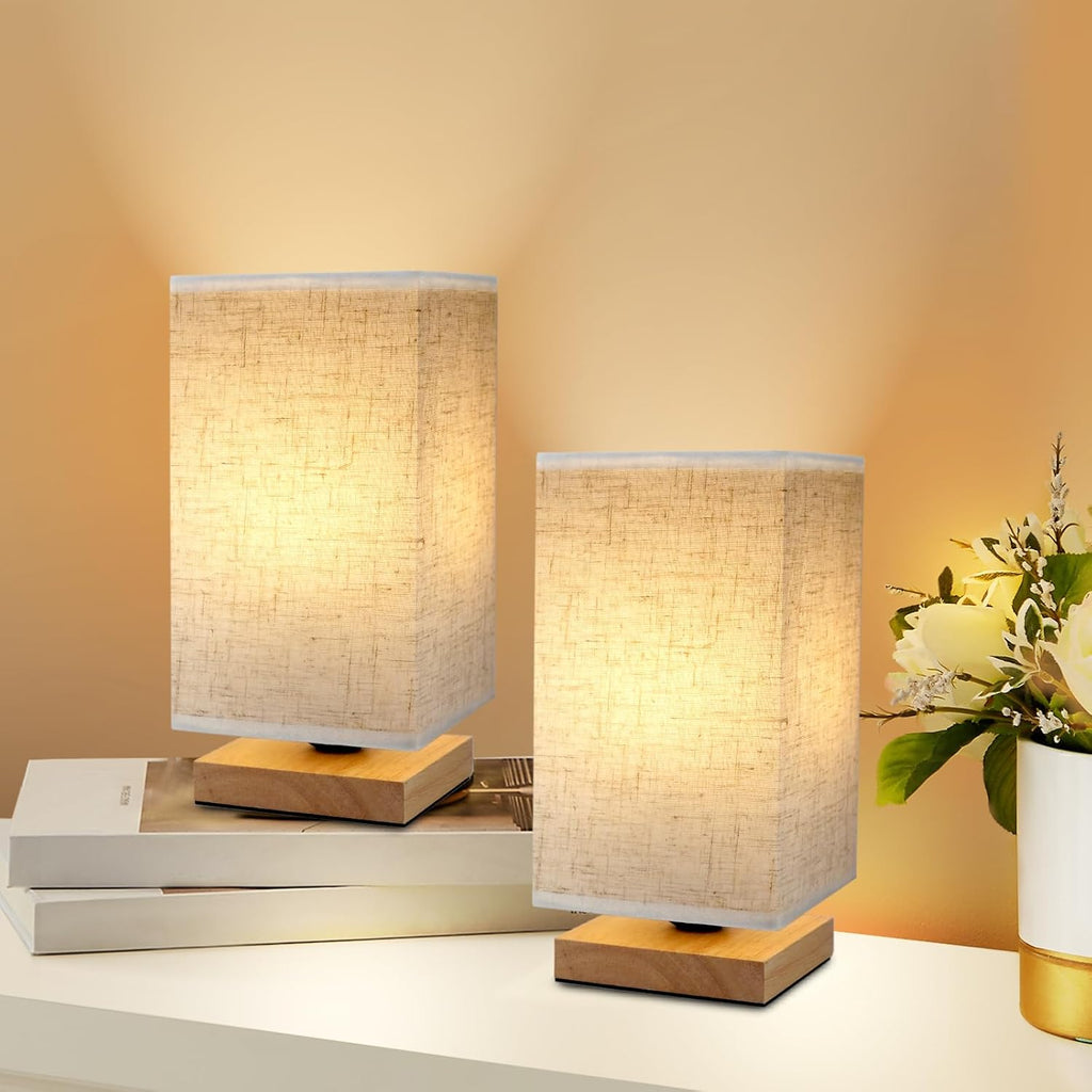 Small Square Bedside Table Lamp for Bedroom set of 2, Minimalist Wood Base & Round Fabric Shade, Mini Cute Cozy Warm Nightstand Boho Lamp…