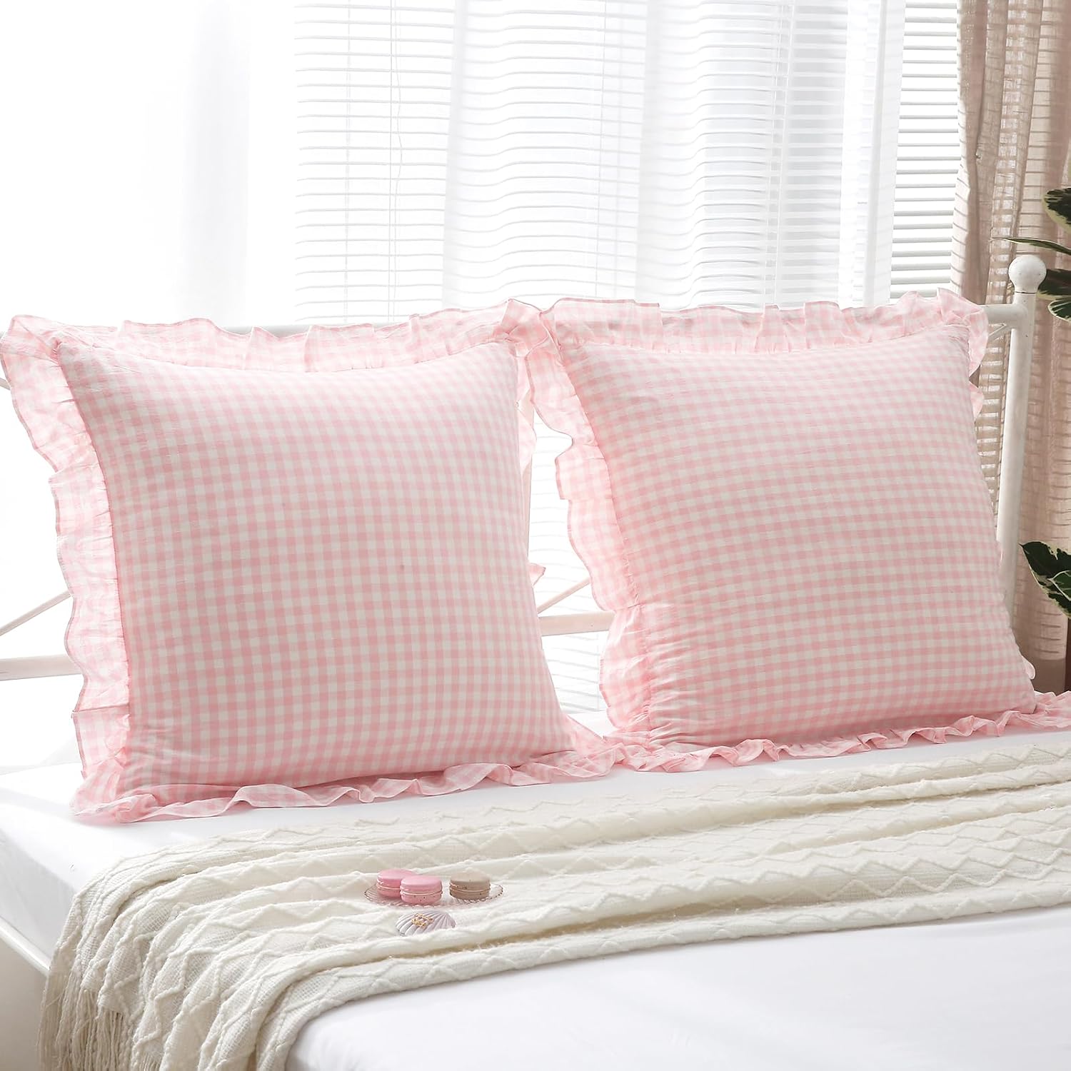 Kmasaniji 2 Pack Blush Gingham Ruffle Euro Pillow Sham Covers, 100% Washed Cotton Plaid Checkered Farmhouse Decorative Pillow Shams for Bed…