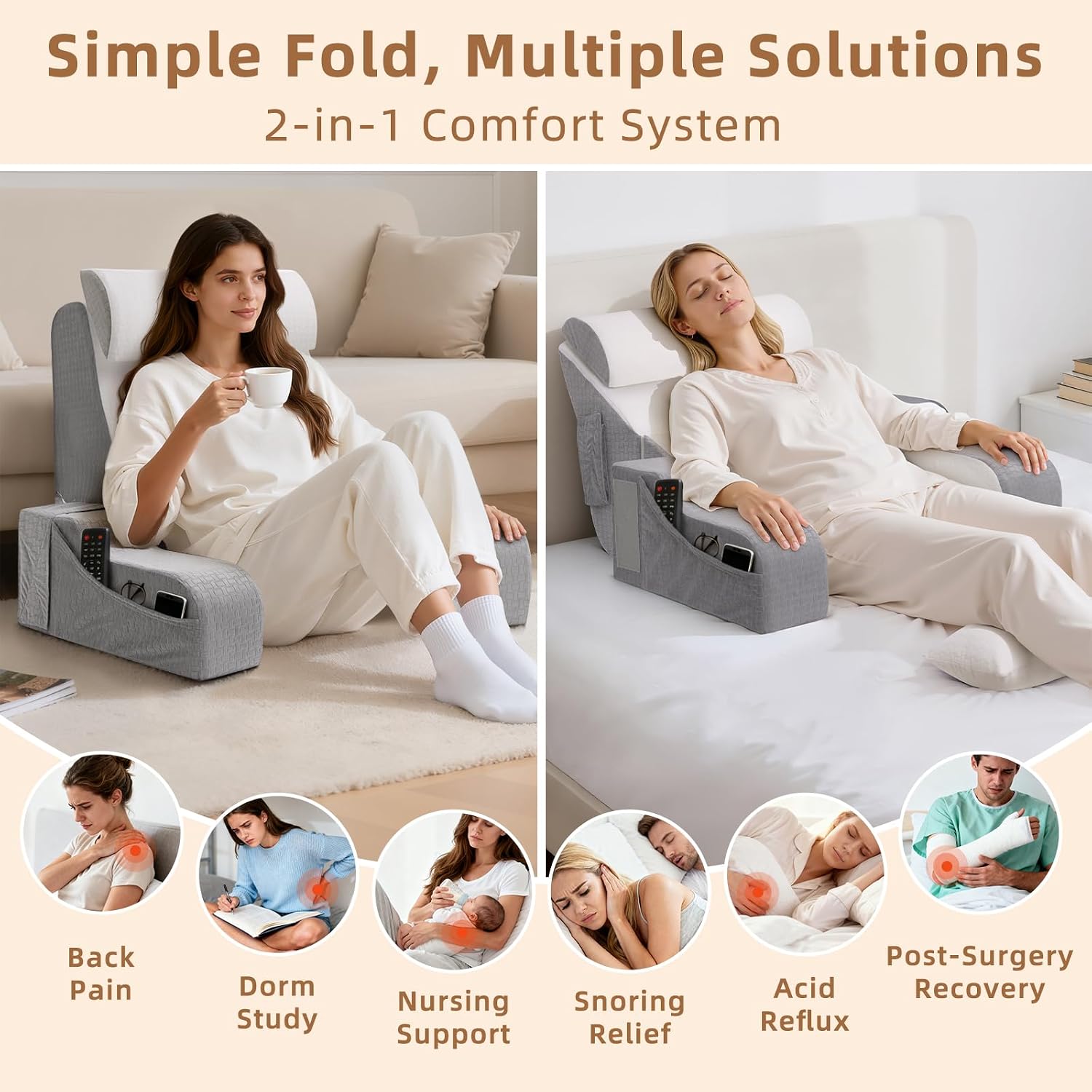 Esuerdo 5PCS Reading Pillow for Sitting in Bed Adult, 2 in 1 Foldable Back Wedge Pillow for Sleep, Ergonomic Back Support Pillow with Arms…
