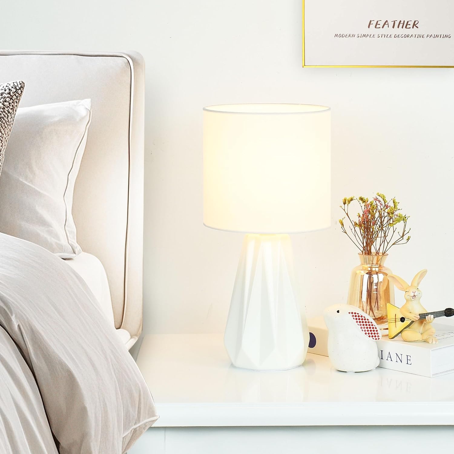 Elisa Offwhite Small Table Lamp for Living Room as Bedside Table Lamp for Bedroom, Modern Ceramic Kids Night Table Lamp, Φ6.1×H12.4IN, Bulb…