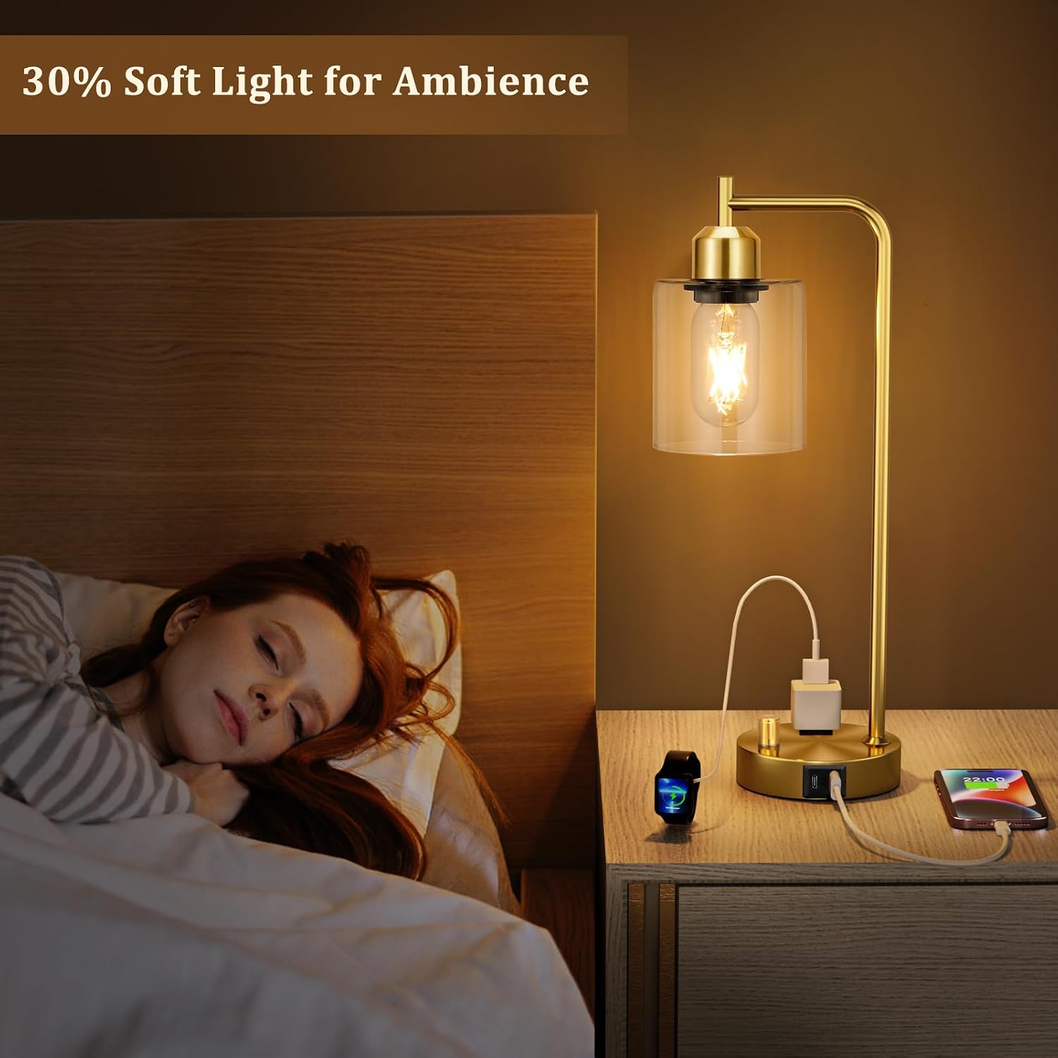 Innqoo Gold Table Lamp for Bedroom - Industrial Bedside Lamp with USB Port and Outlet, Fully Dimmable Nightstand Lamp with Clear Glass…