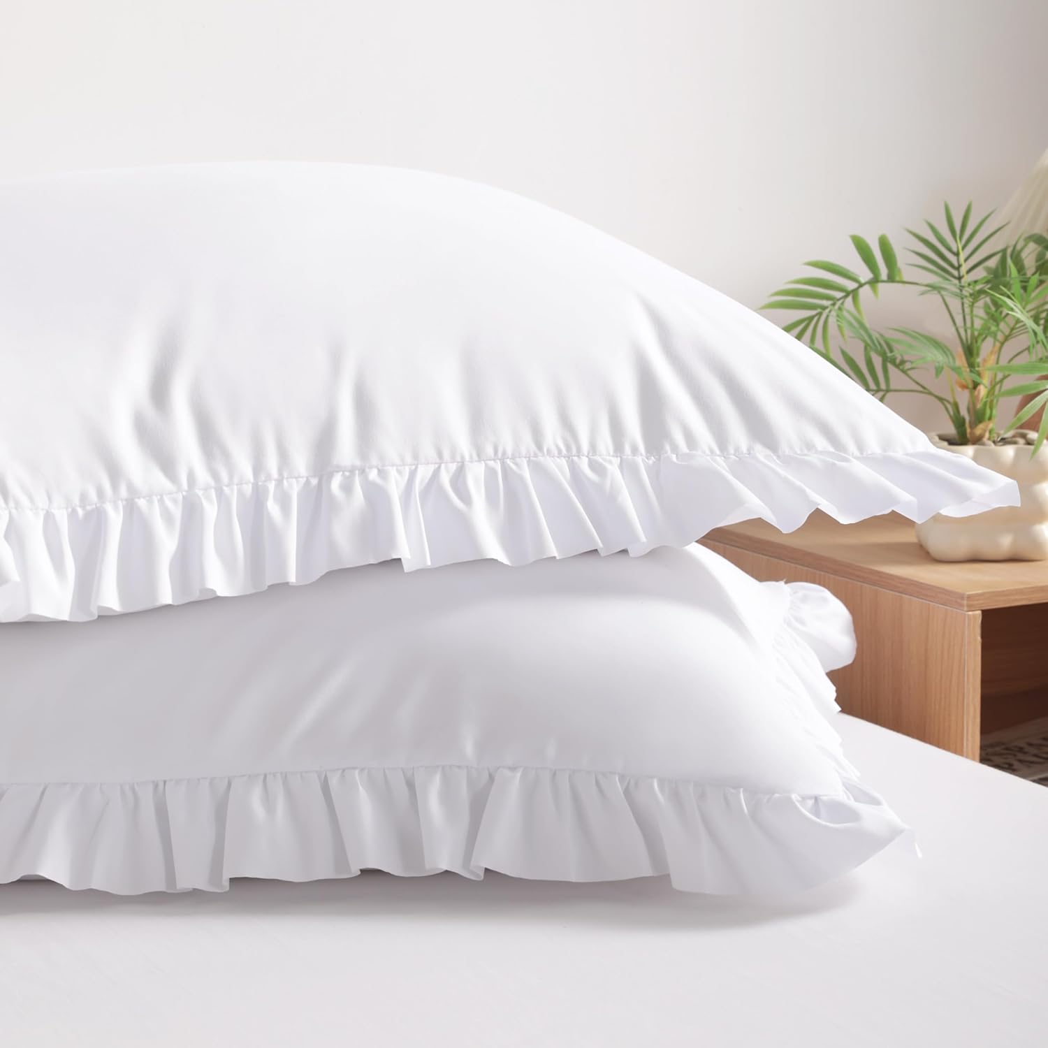Bedsum Ruffled Pillow Shams Queen 20x30 Set of 2, Brushed Microfiber Pillowcases with Envelope Closure, Soft Wrinkle-Resistant, White White