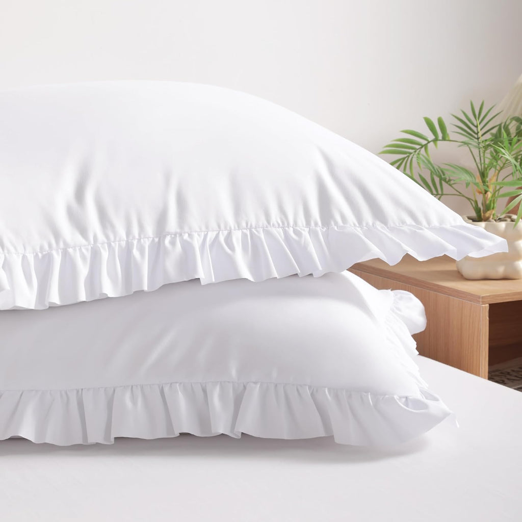 Bedsum Ruffled Pillow Shams, King 20x36 Set of 2, Brushed Microfiber Pillowcases with Envelope Closure, Soft Wrinkle-Resistant, White White