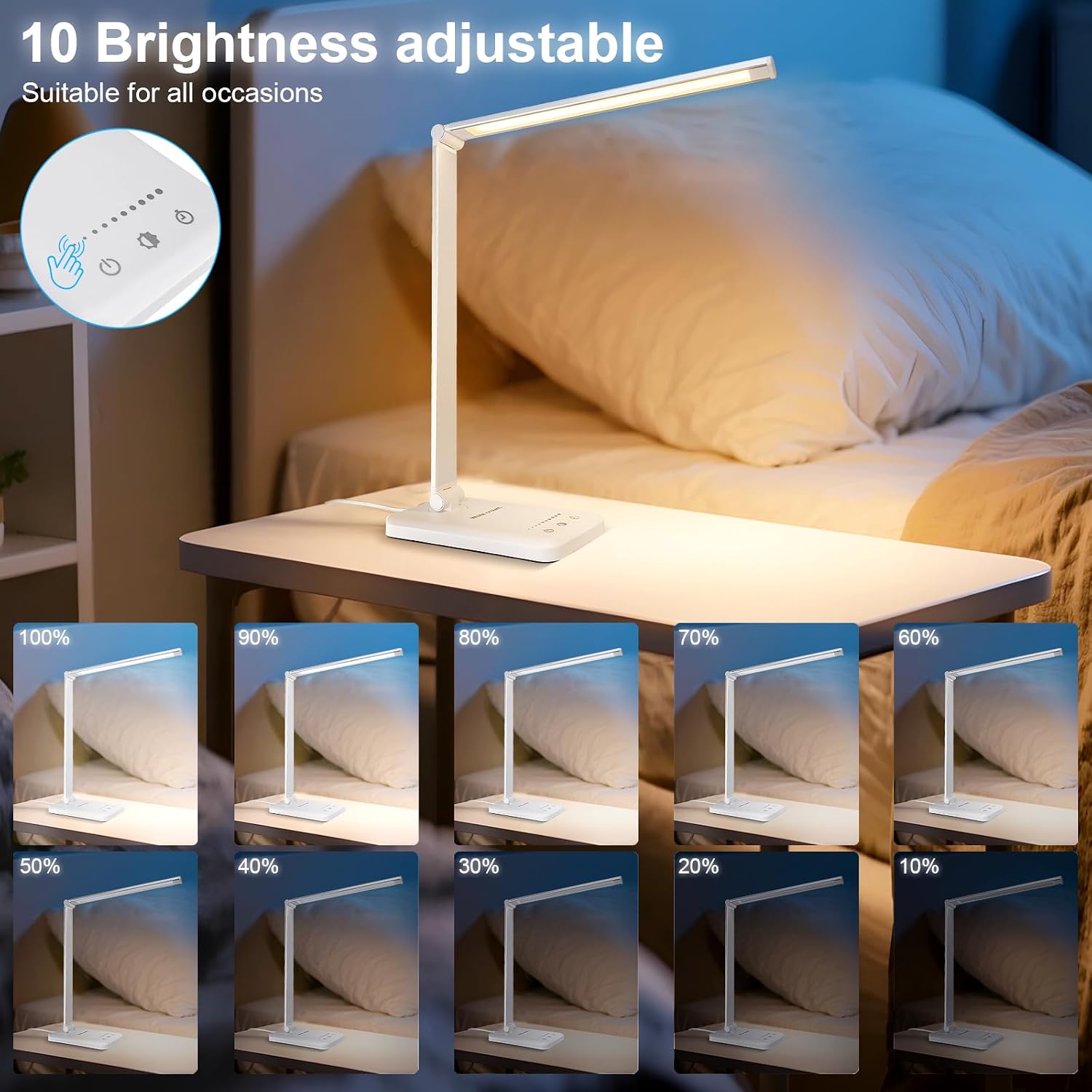 WhiteCrown White crown LED Desk Lamp Dimmable Table Lamp Reading Lamp with USB Charging Port, 5 Lighting Modes, Sensitive Control, 30/60 Mi…