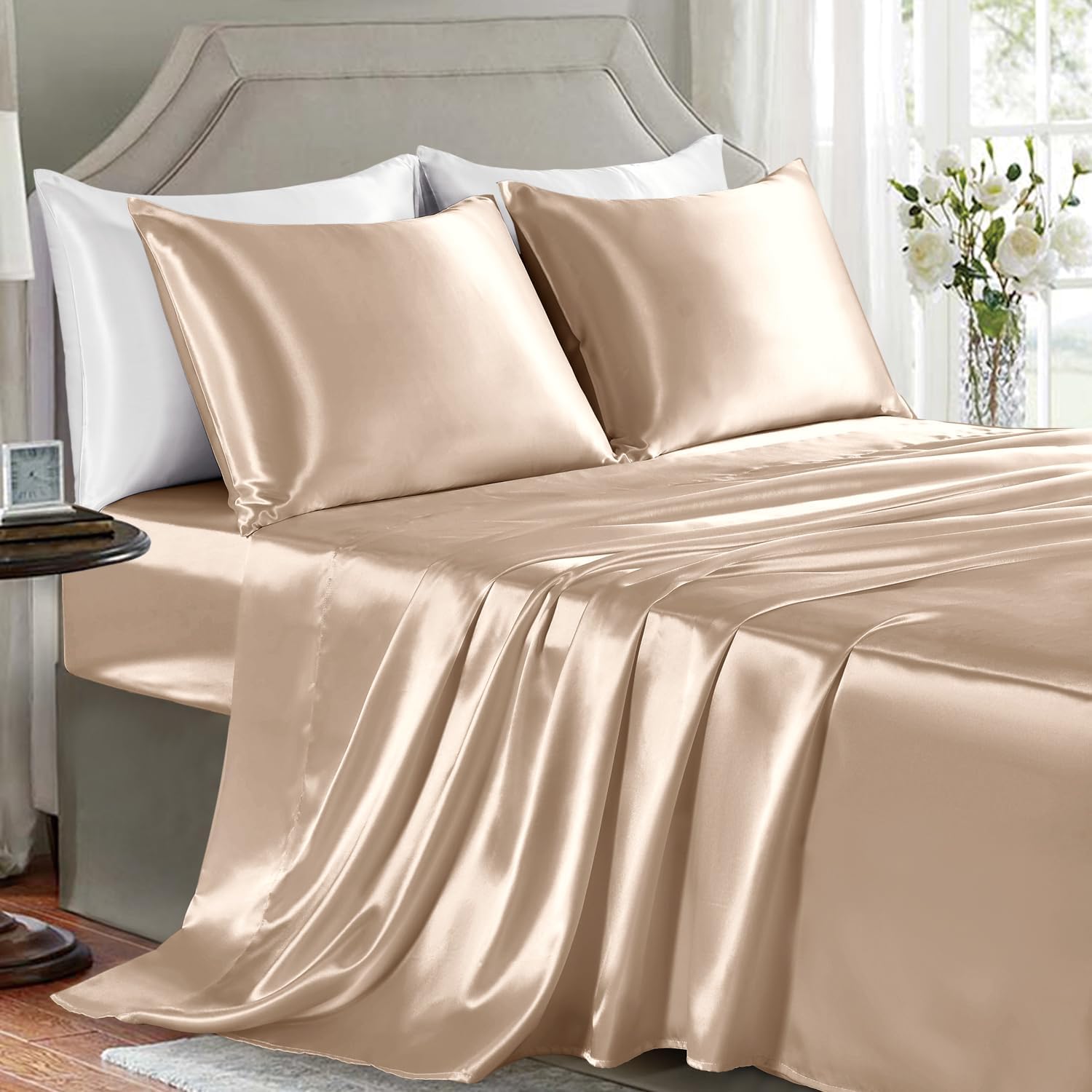 Golal Satin Sheets Full Size - 4 Pieces Luxury Silky Soft Bed Sheets, Wrinkle-Free Champagne Satin Silk Sheet Set with 1 Deep Pocket Fitted…