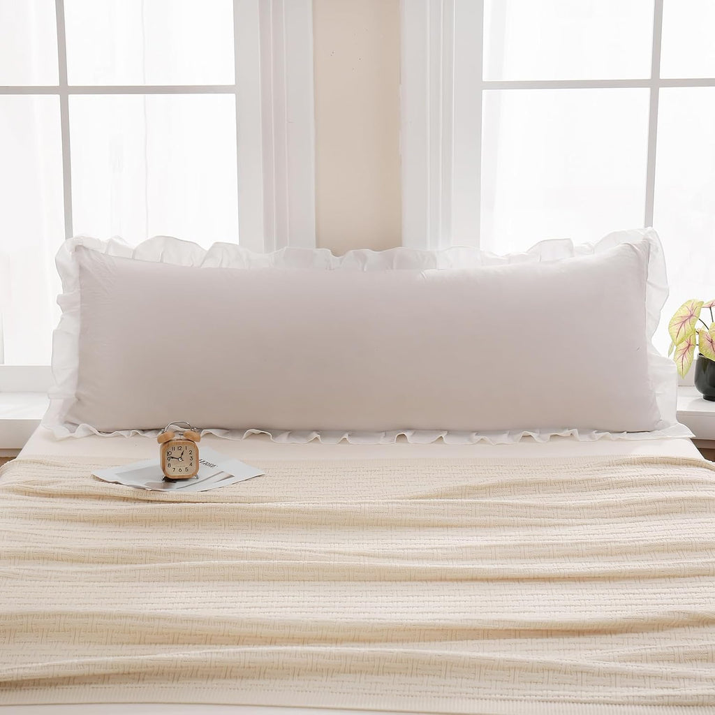 Merryword Beige Body Pillow Cover 20x54inches Beige and White Reversible Long Pillowcase Ruffled Body Pillowcases Cute Pillowcase Pillow Sh…