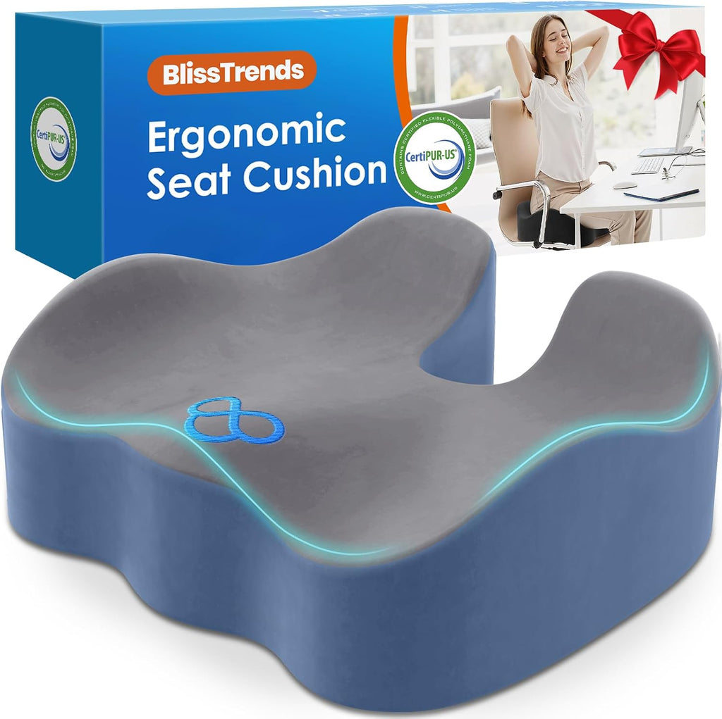 BlissTrends Seat Cushion,5.2in Thick Memory Foam Cushions for Office Chair, Car Seat, Airplane, Relieving Pressure Tailbone Sciatica Back P…