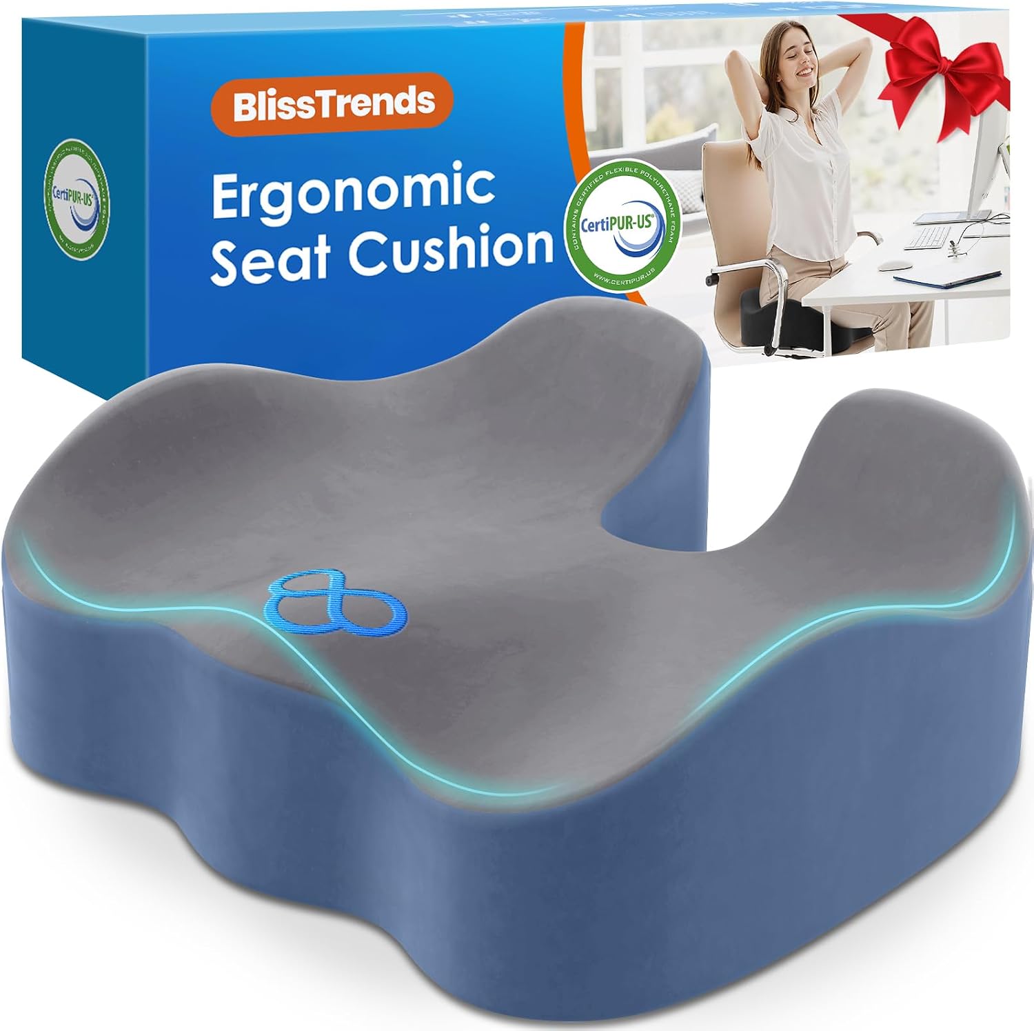 BlissTrends Seat Cushion,5.2in Thick Memory Foam Cushions for Office Chair, Car Seat, Airplane, Relieving Pressure Tailbone Sciatica Back P…