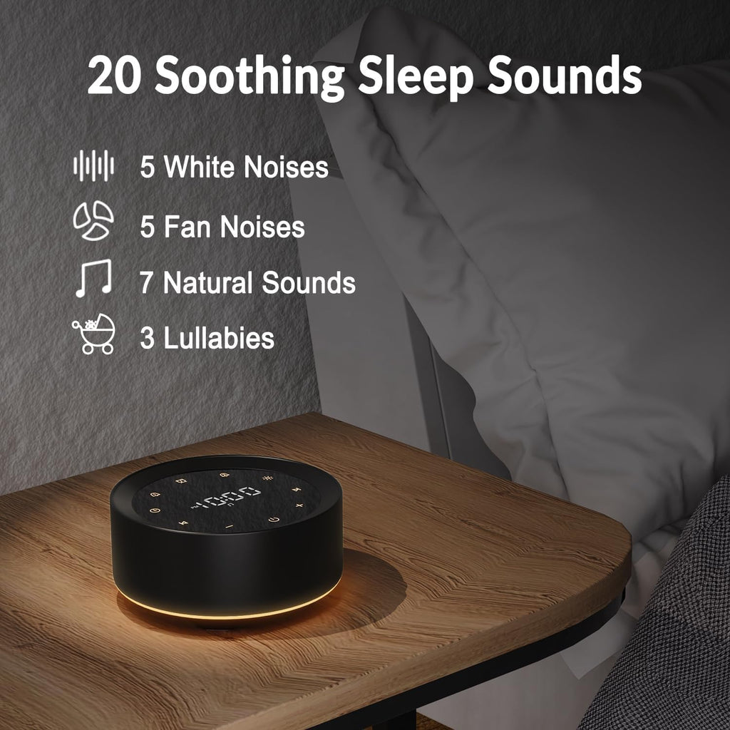 White Noise Machine with Alarm Clock & Night Light for Babies and Adults, 20 Soothing Sounds, Glare-Free Upward Display, Touch Control…