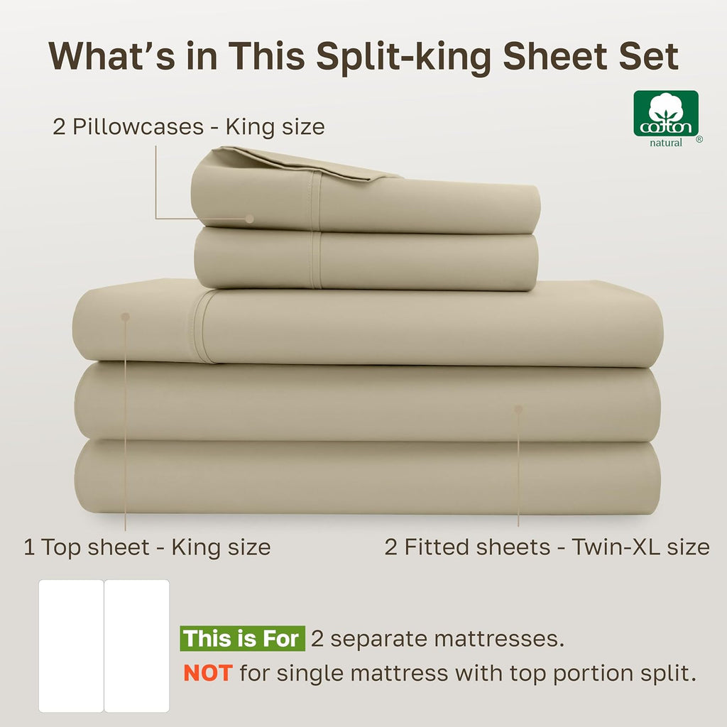 CaliforniaDesignDen California Design Den Soft 100% Cotton Bed Sheets Split King Size Set, 400 TC Good Housekeeping Award Winner, Silky Smo…