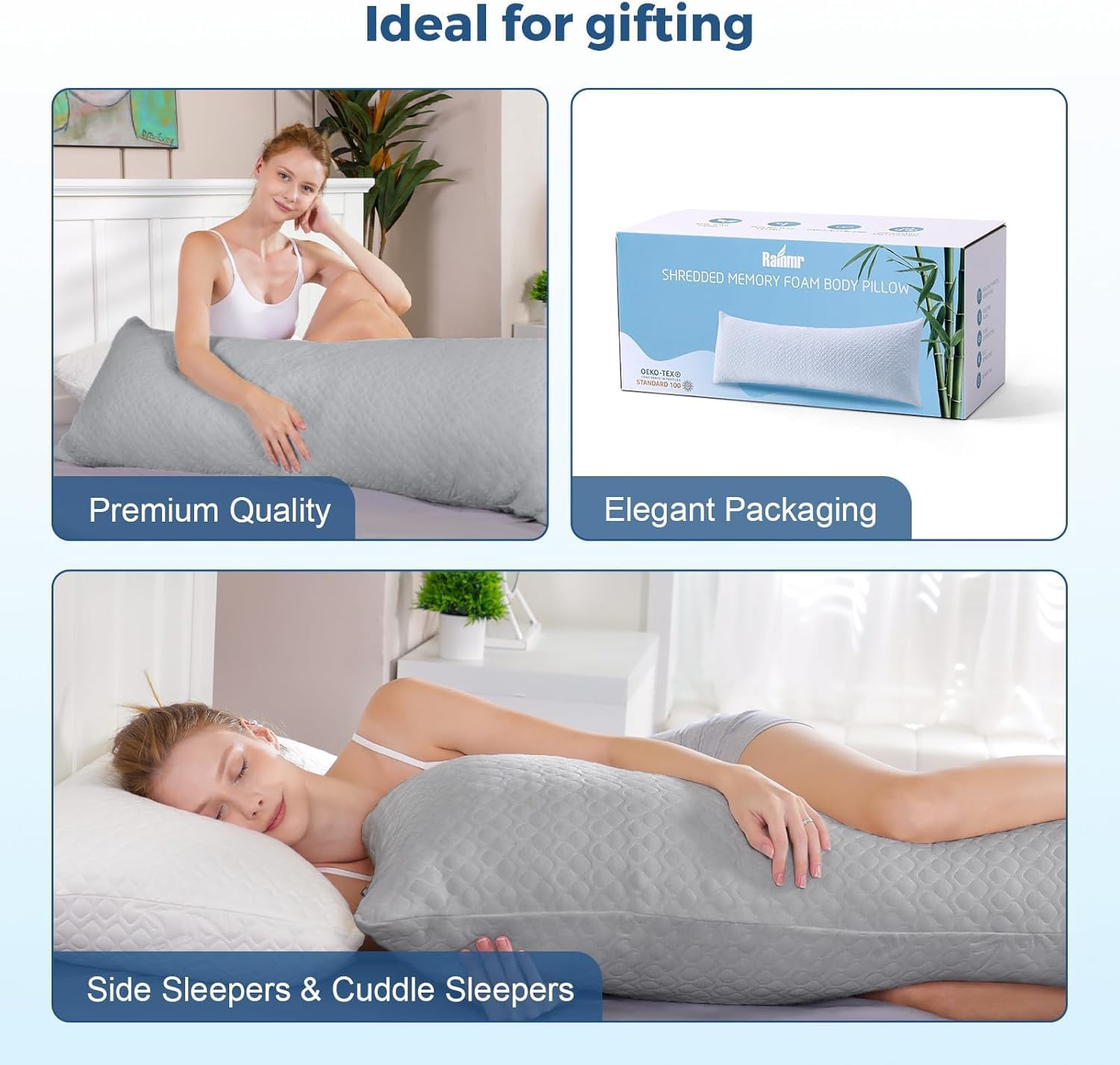 Rainmr Thick Memory Foam Body Pillow - Full Body Pillows for Side Sleeper - with Grey Cooling Pillowcase 20 x 54 inches