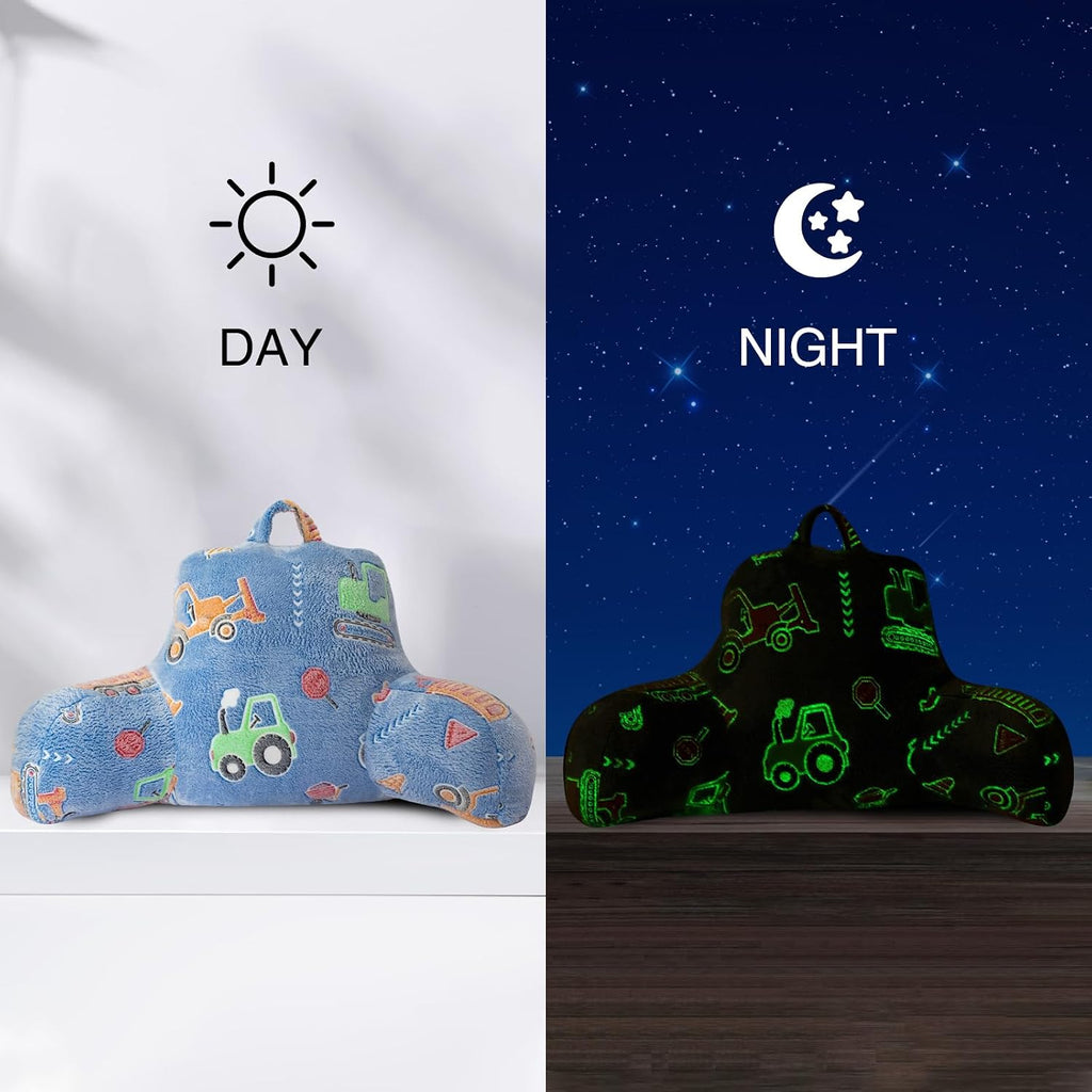 Aimuan Construction Truck Vehicles Reading Pillow Glow in The Dark Bed Rest Wedge Kids Glow Backrest Pillow Car Print with Arms Back…
