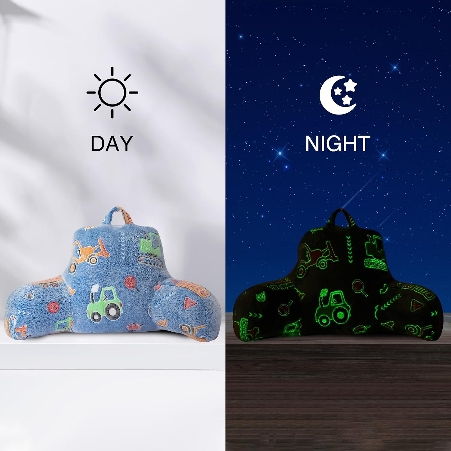 Aimuan Construction Truck Vehicles Reading Pillow Glow in The Dark Bed Rest Wedge Kids Glow Backrest Pillow Car Print with Arms Back…