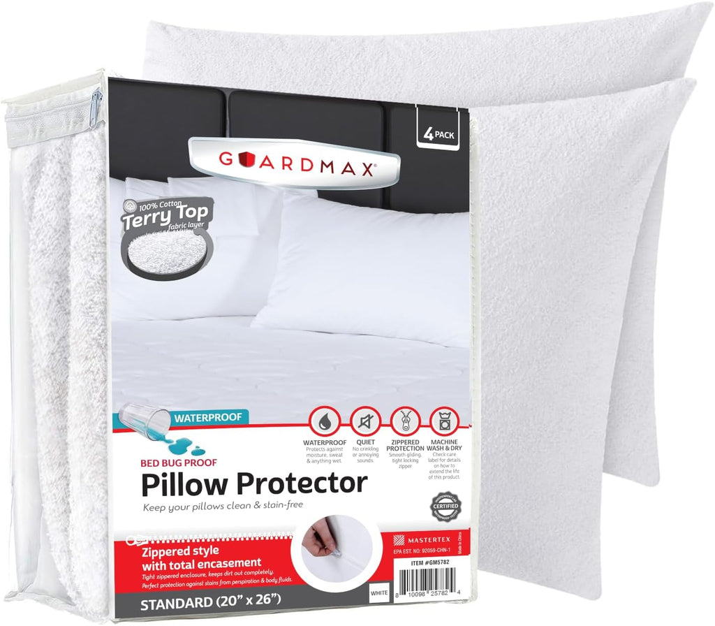 Guardmax Terry Cotton Pillow Protector with Zipper Standard Size - 4 Pack -100% Waterproof, Bed Bug Proof, Dust Mite Proof, & Hypoallergeni…