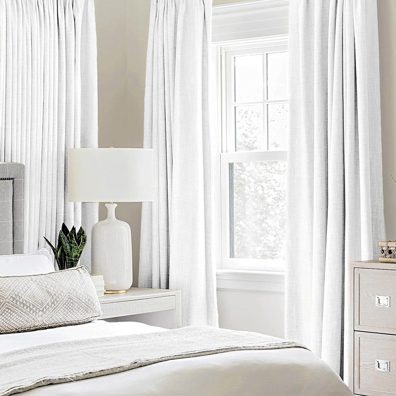 Miulee 100% Blackout Linen Textured Curtains for Bedroom Solid Thermal Insulated Bright White Grommet Room Darkening Curtains & Drapes Luxu…