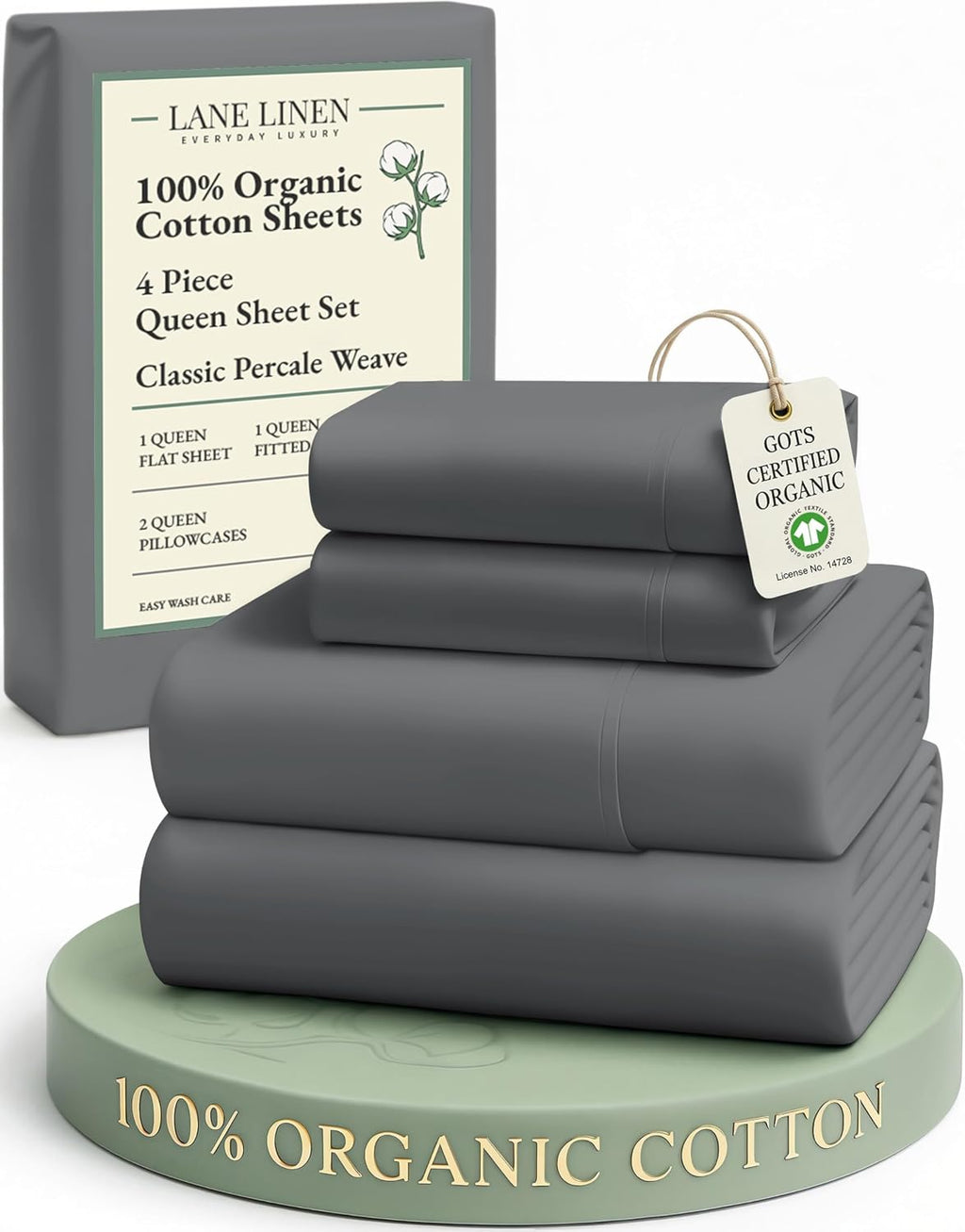 LaneLinen LANE LINEN Sustainably Produced 100% Organic Cotton Queen Size Bed Sheets, Soft & Comfy Naturally Cooling Percale Cotton Sheets,…
