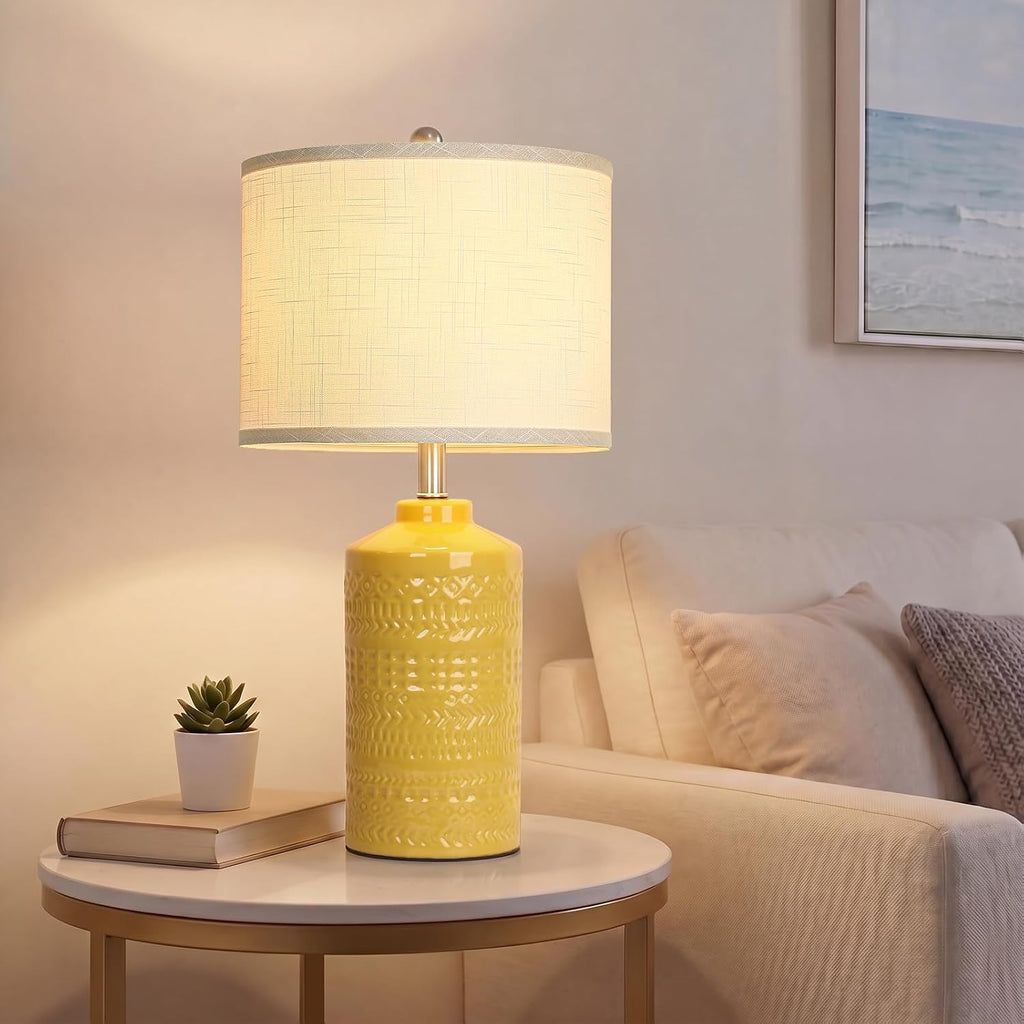 JUNNAI 25" Modern Bedside Ceramic Table Lamps for Living Room Mustard Yellow Nightstand 3-Way Dimmable Lamp Farmhouse Lamp for Bedroom…
