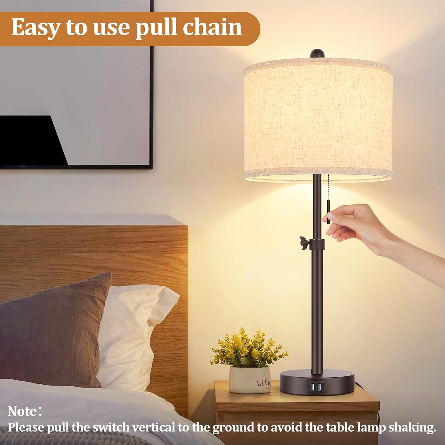 Modern Brown Table Lamps Set of 2, 23’’-30’’ Adjustable Bedroom Lamps with 2 USB Ports, Living Room Lamp Set with Cream Linen Shade…