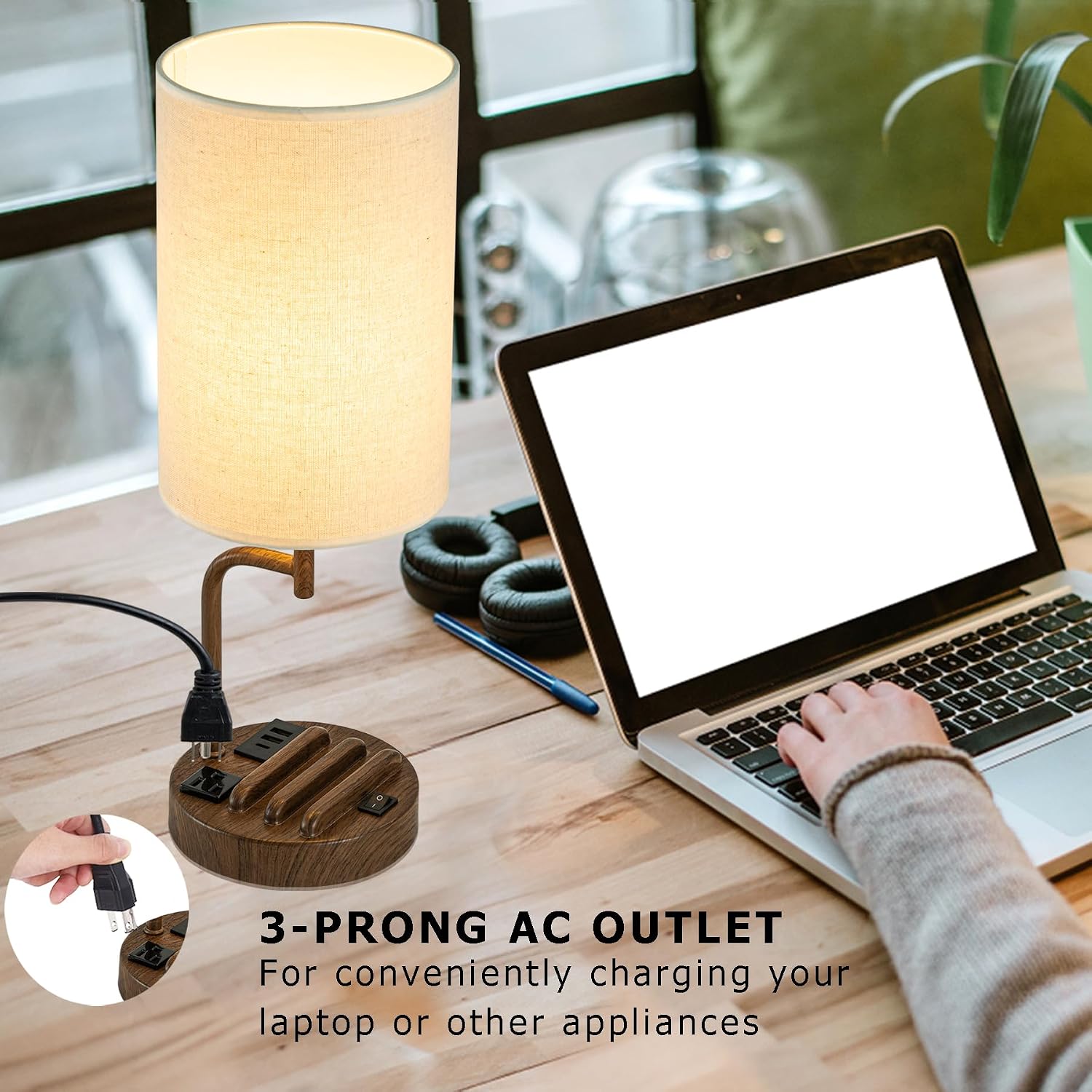Dreamholder Table Lamp with 3 USB Charging Ports, Modern Desk Lamp with AC Outlet and Phone Stands, Perfect Bedside Lamp for Bedroom…