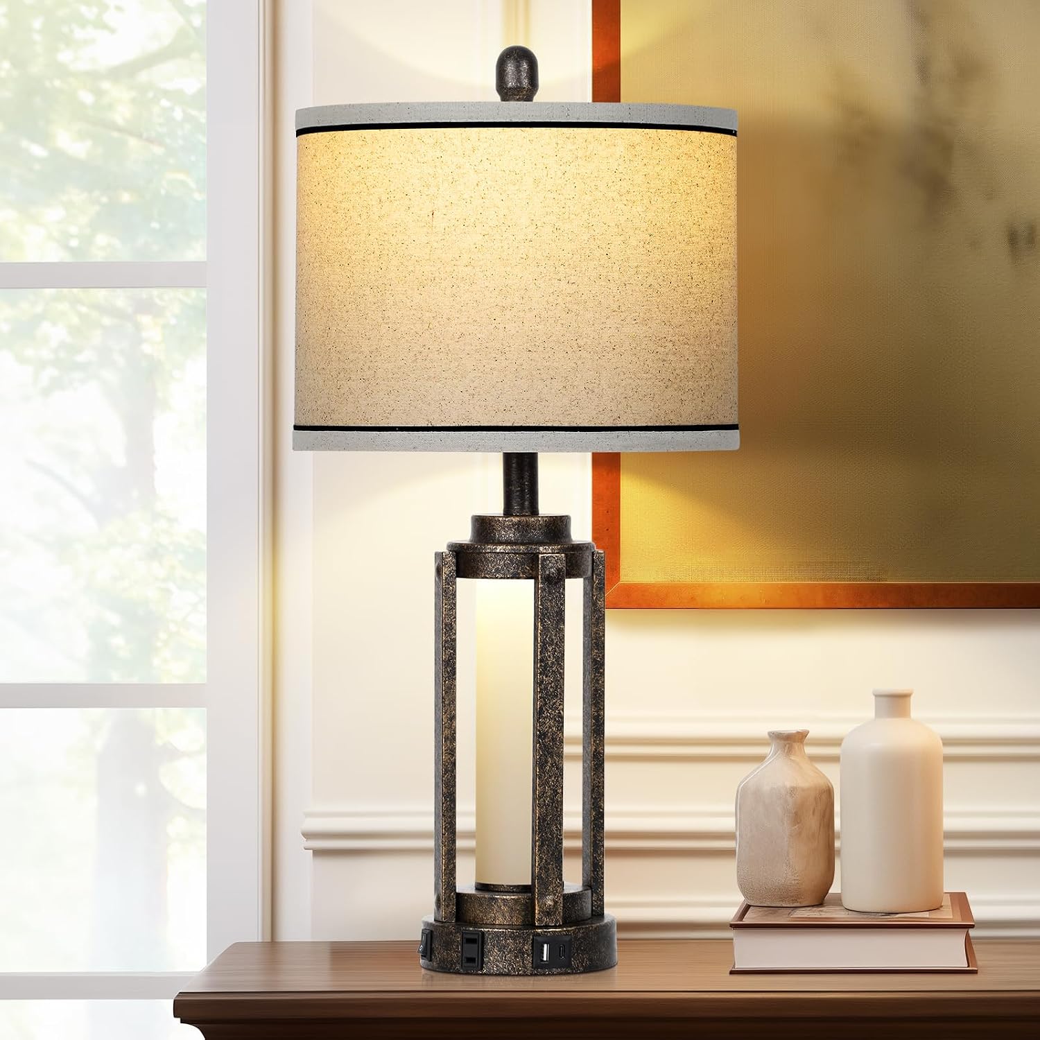 Farmhouse Industrial Lamp with USB A+C Charging Ports & AC Outlet, 26" Vintage Rustic Retro Table Lamp with Glass LED Night Light & Linen…
