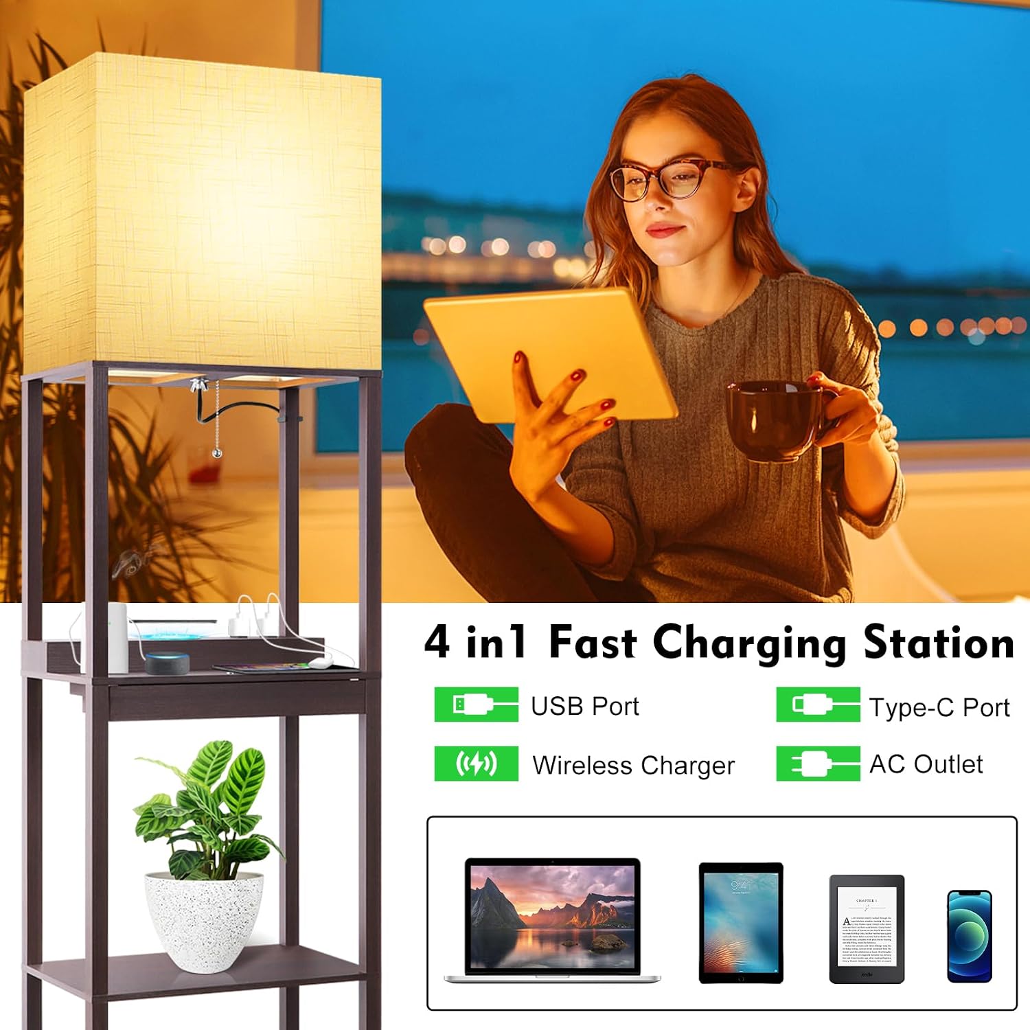 RUNTOP Floor Lamp with Shelves, Modern Standing Lamp with Wireless Charger, 1 Drawer and 2 USB Ports & 2 Power Outlet, 15W LED Bulb 3…
