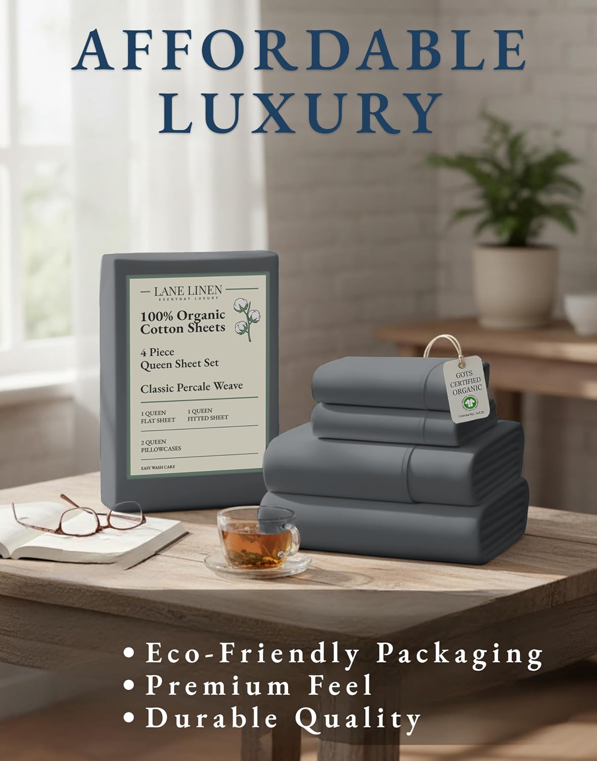 LaneLinen LANE LINEN Sustainably Produced 100% Organic Cotton Queen Size Bed Sheets, Soft & Comfy Naturally Cooling Percale Cotton Sheets,…