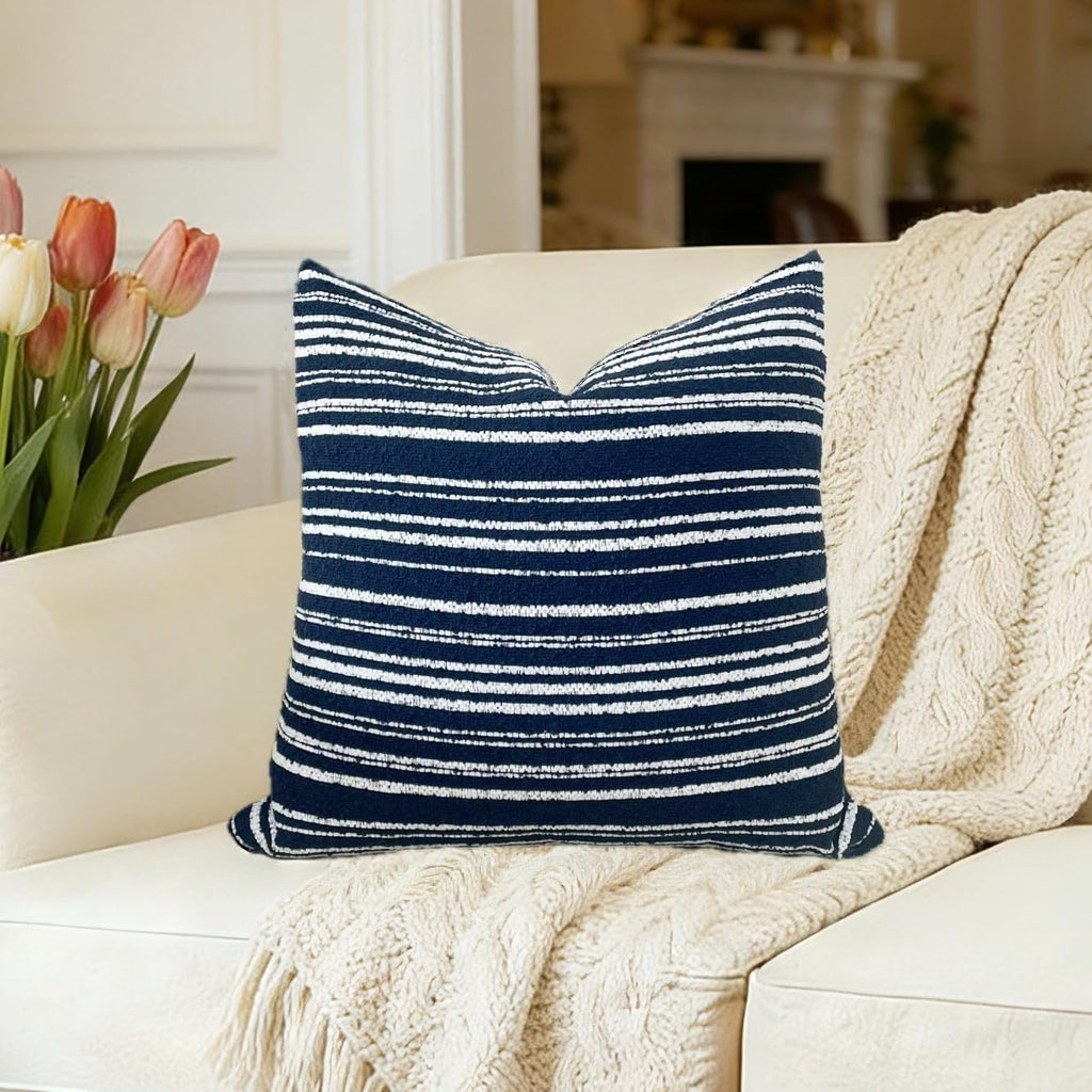 Slow Cow Boho Chenille Textured Woven Stripe Throw Pillow Covers 18 x18 Decorative Cushion Cover Pillow Cover Chenille Pillow Case Navy Blue