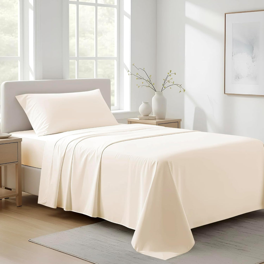 AshtonSheets 100% Organic Cotton Sheets Twin XL Size - Organic Cotton Twin XL Size Percale Weave Sheet Set (3 PC, Ivory), Soft, Cooling, Cr…