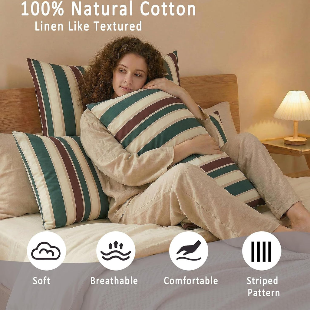 Merryword 100% Cotton Pillow Cases, Queen Size Pillowcases, Green Striped Pillowcases, Luxury Linen Like Pillowcase, Soft Breathable Cabana…