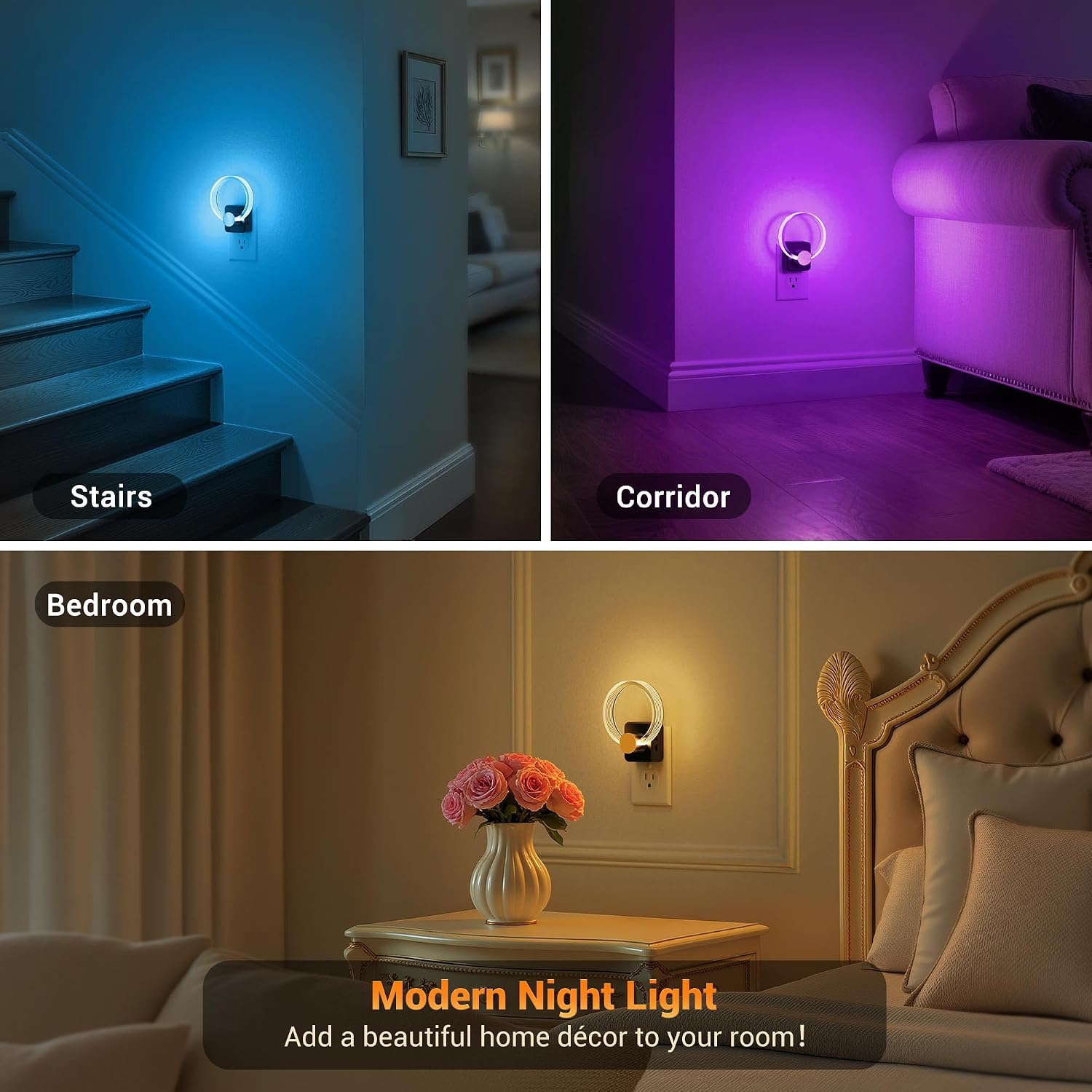 JandCase Night Light, 2 Pack Color Changing Night Lights Plug into Wall, RGB Nightlight with Light Sensor, 180° Rotatable Plug in…