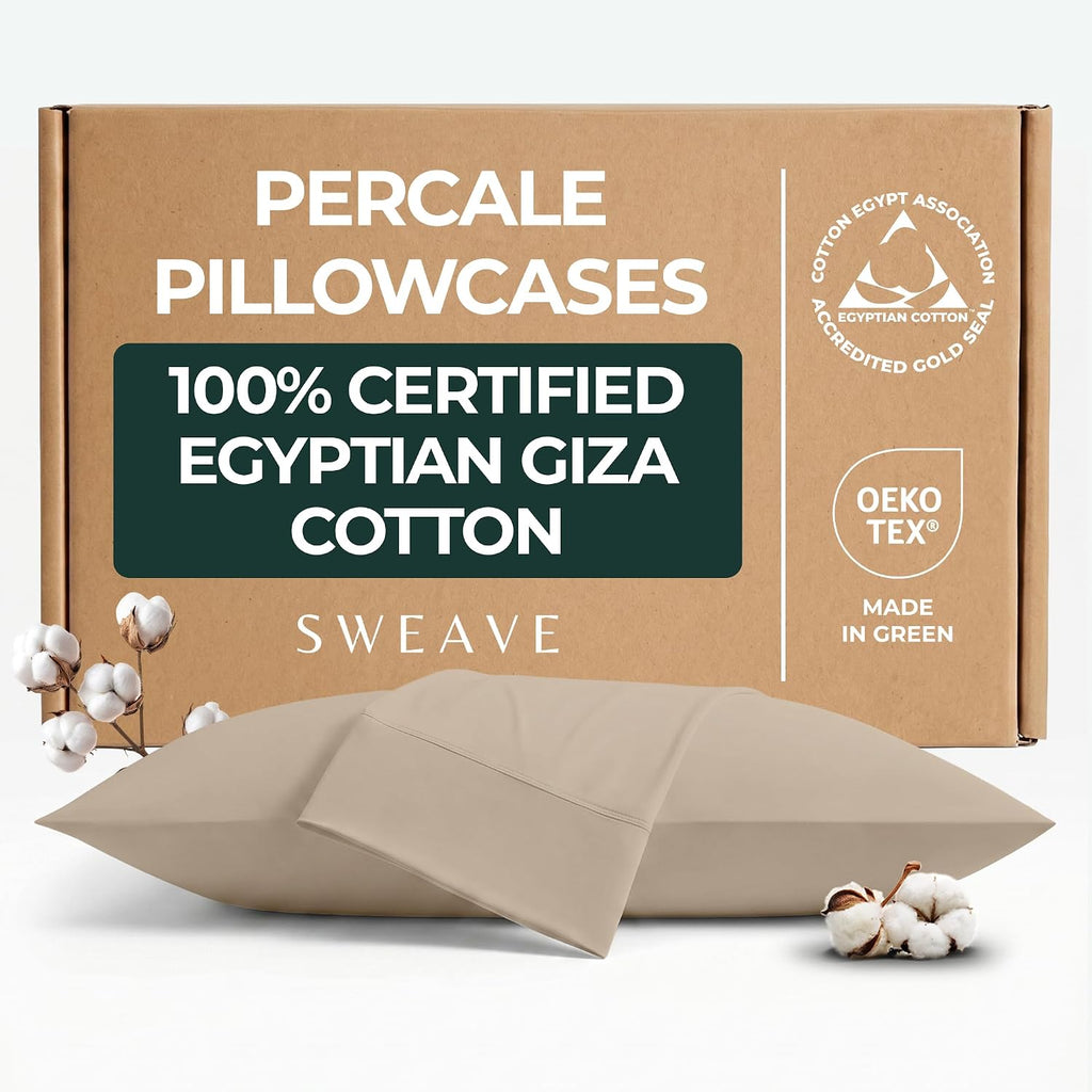 SweaveBedding 100% Egyptian Cotton Percale Pillow Cases Set - Luxurious 400 Thread Count, Breathable & Skin-Friendly Percale Pillow Cases -…