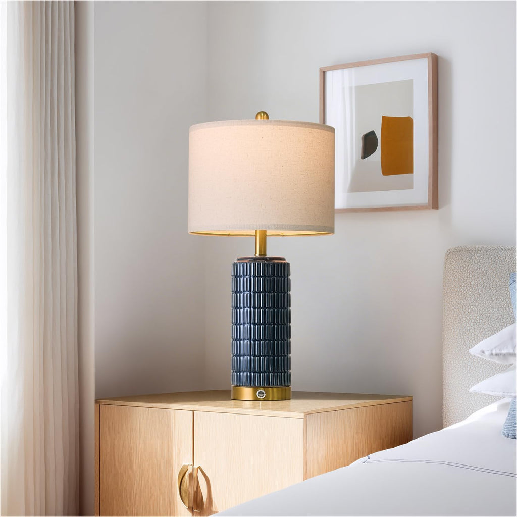 PoKat Touch Bedside Table Lamps with USB Ports for Bedroom, 25'' Dimmable Nightstand Touch Lamps for Living Room, Blue Ceramic Lamps with…