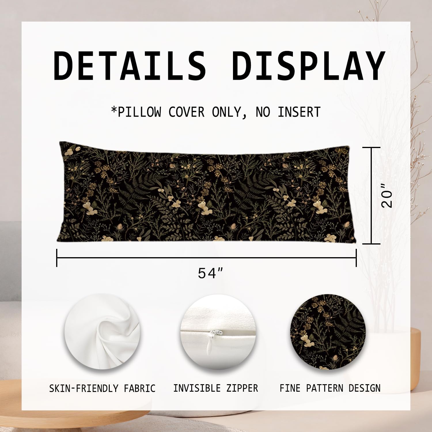 Moody Floral Botanical 20x54 Body Pillow Cover, Dark Aesthetic Room Decor, Rustic Dark Cottagecore Gold Plants Flower Botanical…