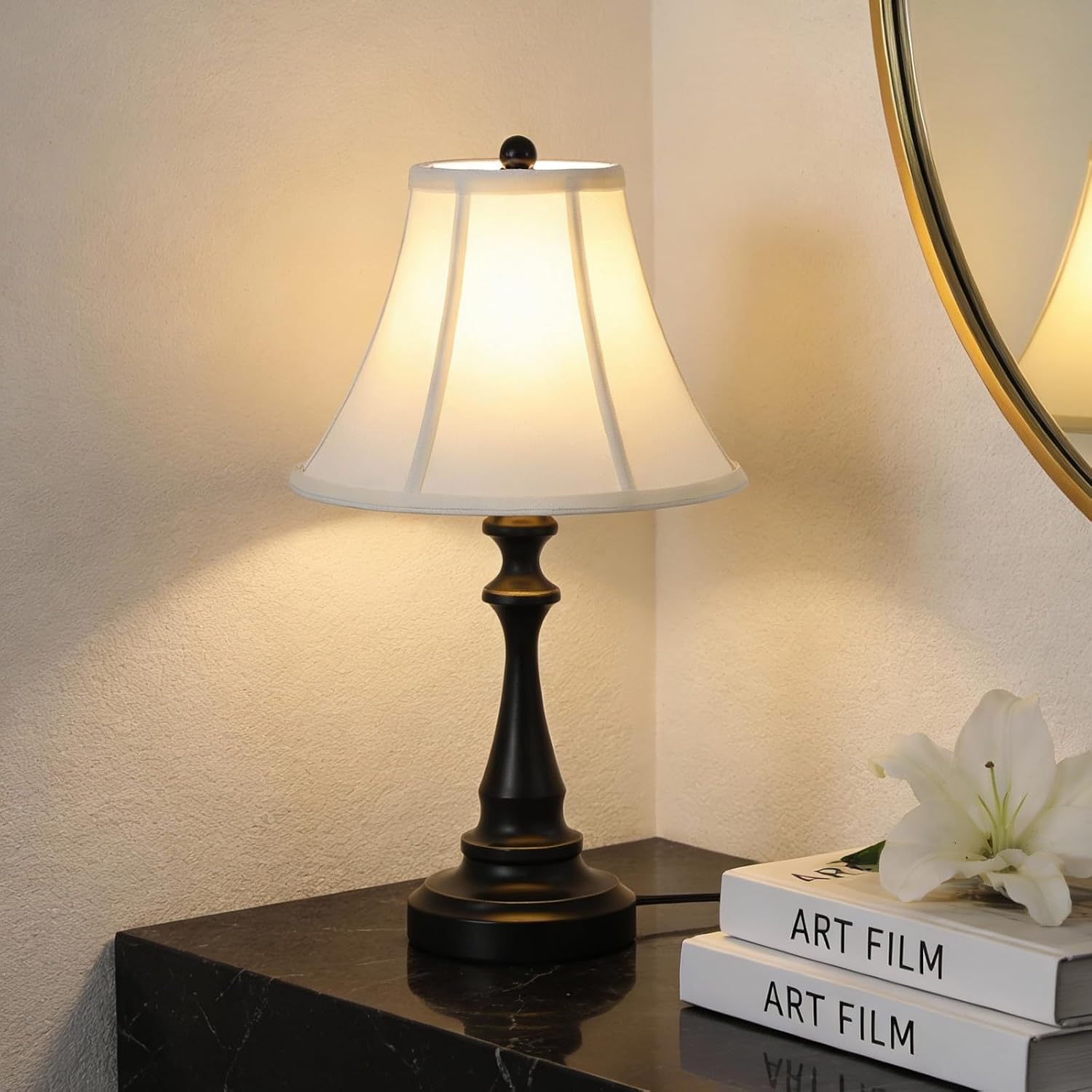 Traditional Table Lamp, Vintage Desk Lamp for Living Room with Fabric Shade, Farmhouse Bedside Lamp Black Finish for Bedroom Nightstand…