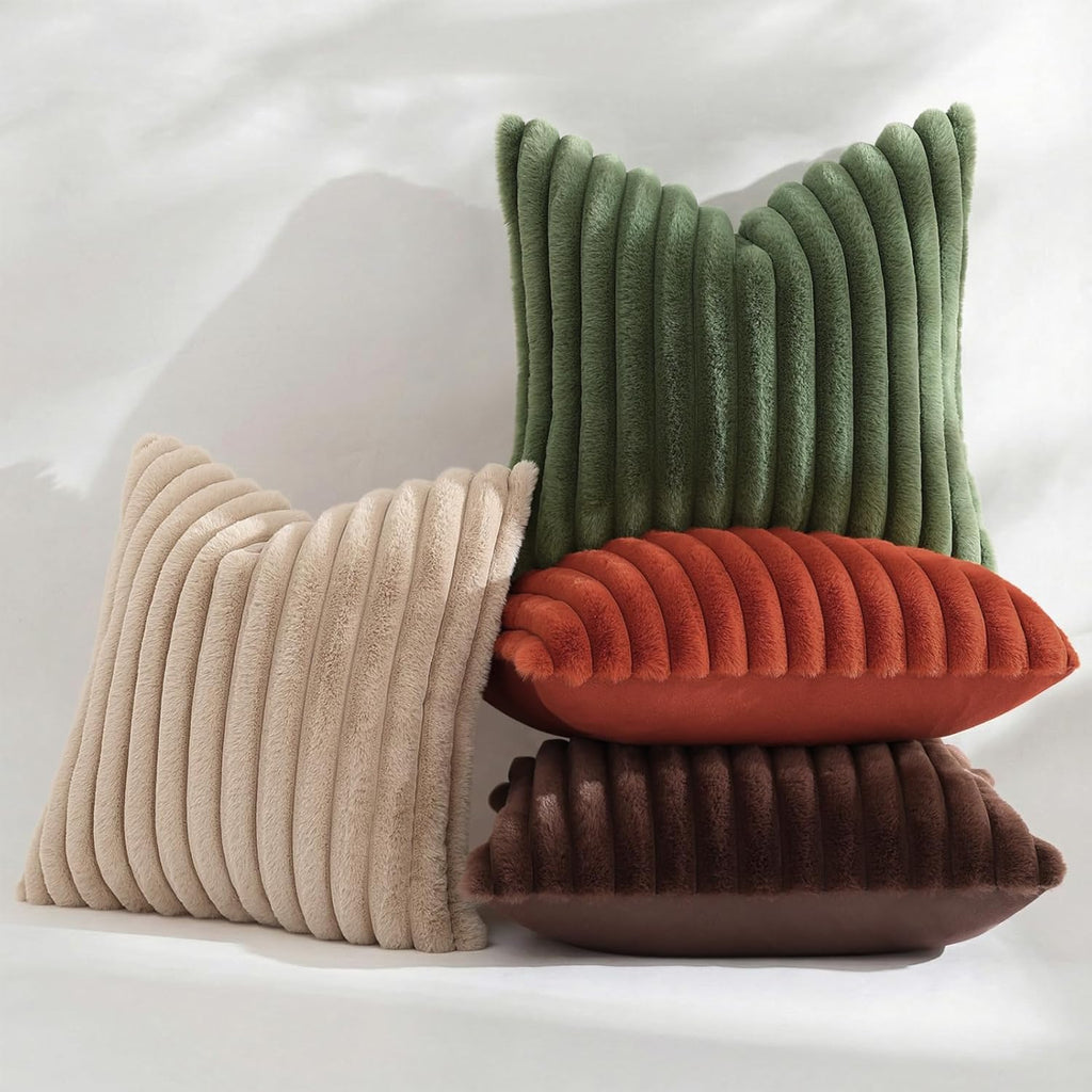 decorUhome Cozy Faux Fur Throw Pillow Covers 24x24 Set of 2 Decorative Soft Plush Striped Modern Farmhouse Boho Couch Euro Sham Pillow Case…