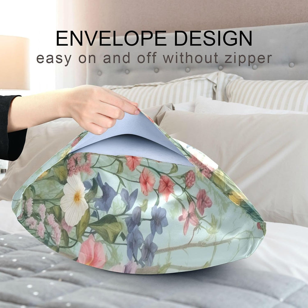 YETTASBIN Hummingbirds Flower Satin Pillowcase, Soft Breathable Silk Pillow Case with Envelope Closure for Hair and Skin, Standard Size…