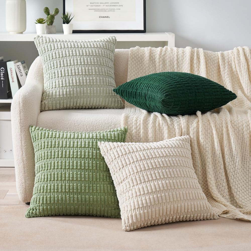 Miulee Pack of 4 Summer Neutral Corduroy Decorative Throw Pillow Covers 20x20 Inch Farmhouse Boho Rustic Soft Striped Pillow Covers Home De…