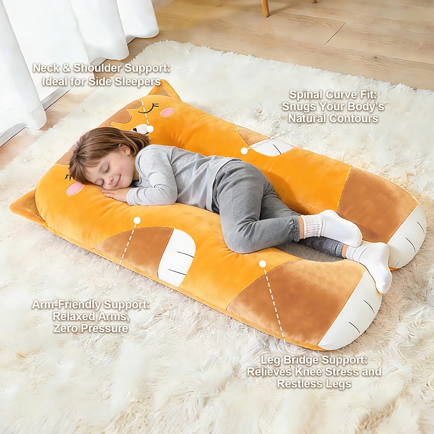 47x23 inch U Shaped Long Plush Body Pillows for Kids, Stuffed Animal Cat Soft Large Pillow for Sleeping, Big Cute Plushies, Washable…