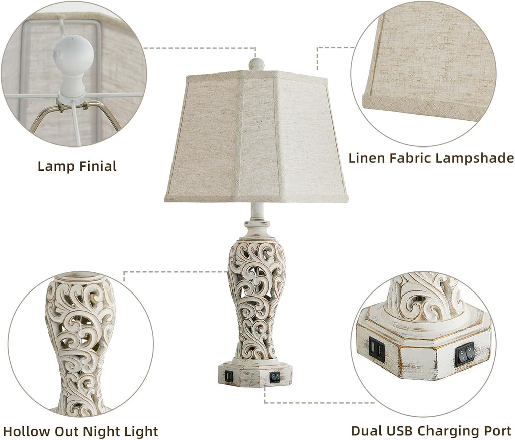 Set of 2 Rustic Table Lamps for Living Room Bedroom, Farmhouse Vintage Nightstand Lamp with 2 USB Ports, Hollow Out Resin Lamp for End…