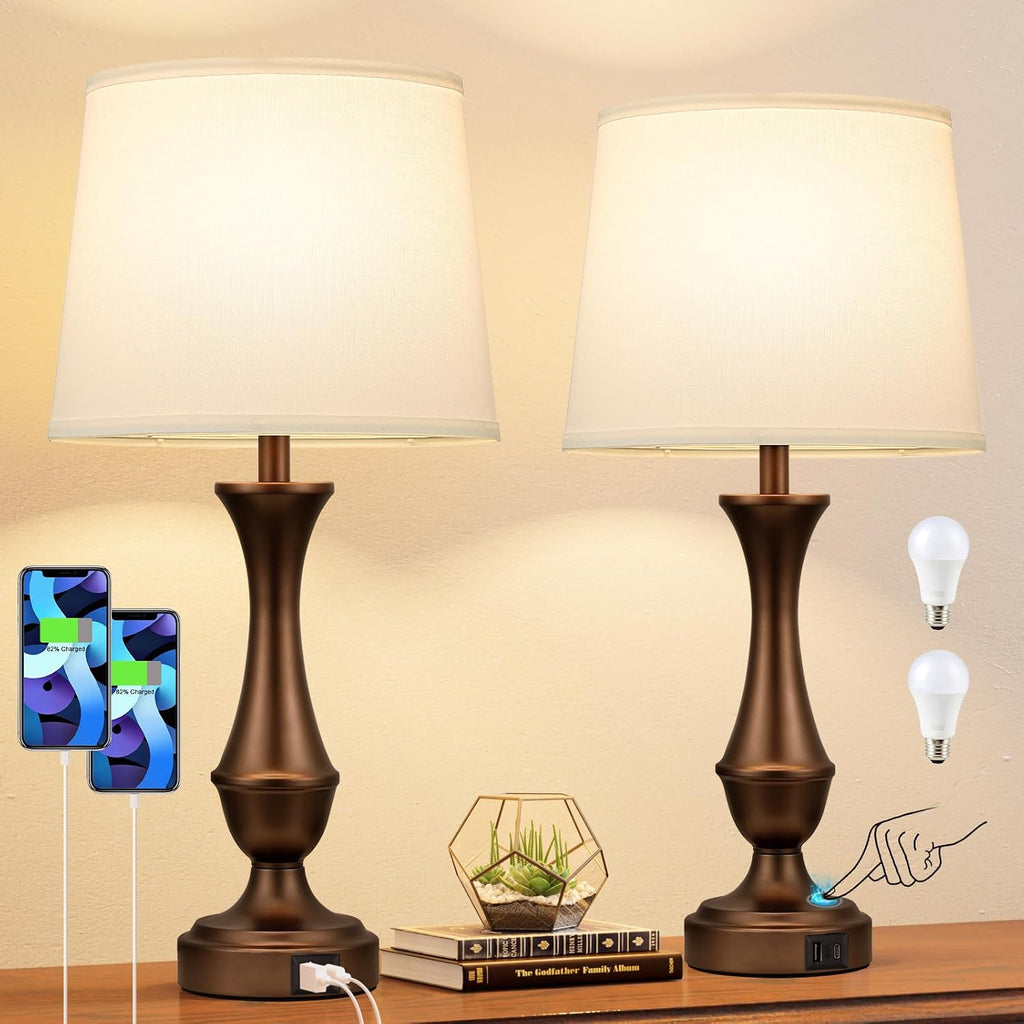 Seealle Upgraded Touch Lamps for Night Stands Set of 2 - Bedside Lamps with USB C+A, 3 Way Dimmable for Bedroom Living Room End Tables…