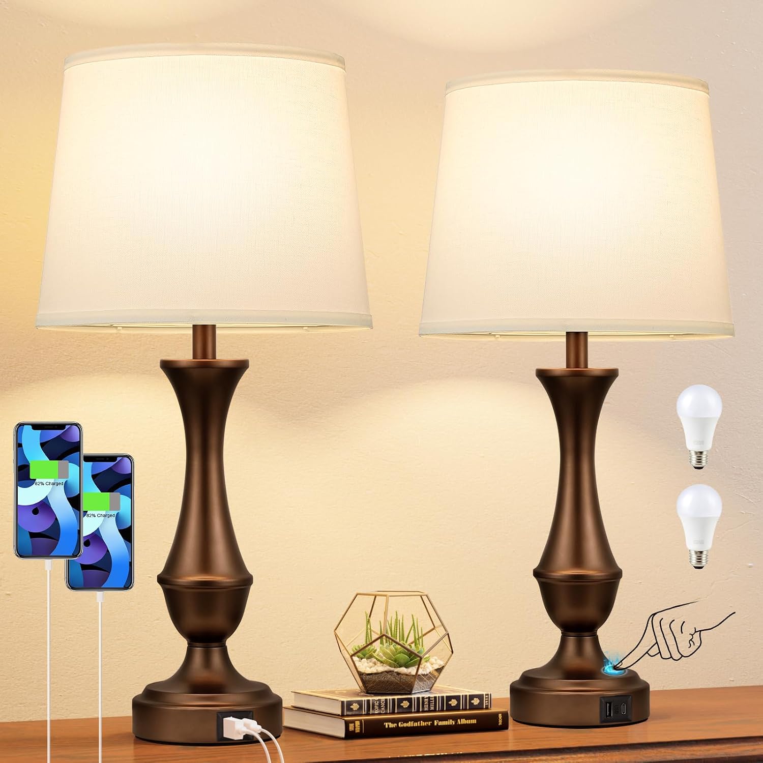 Seealle Upgraded Touch Lamps for Night Stands Set of 2 - Bedside Lamps with USB C+A, 3 Way Dimmable for Bedroom Living Room End Tables…