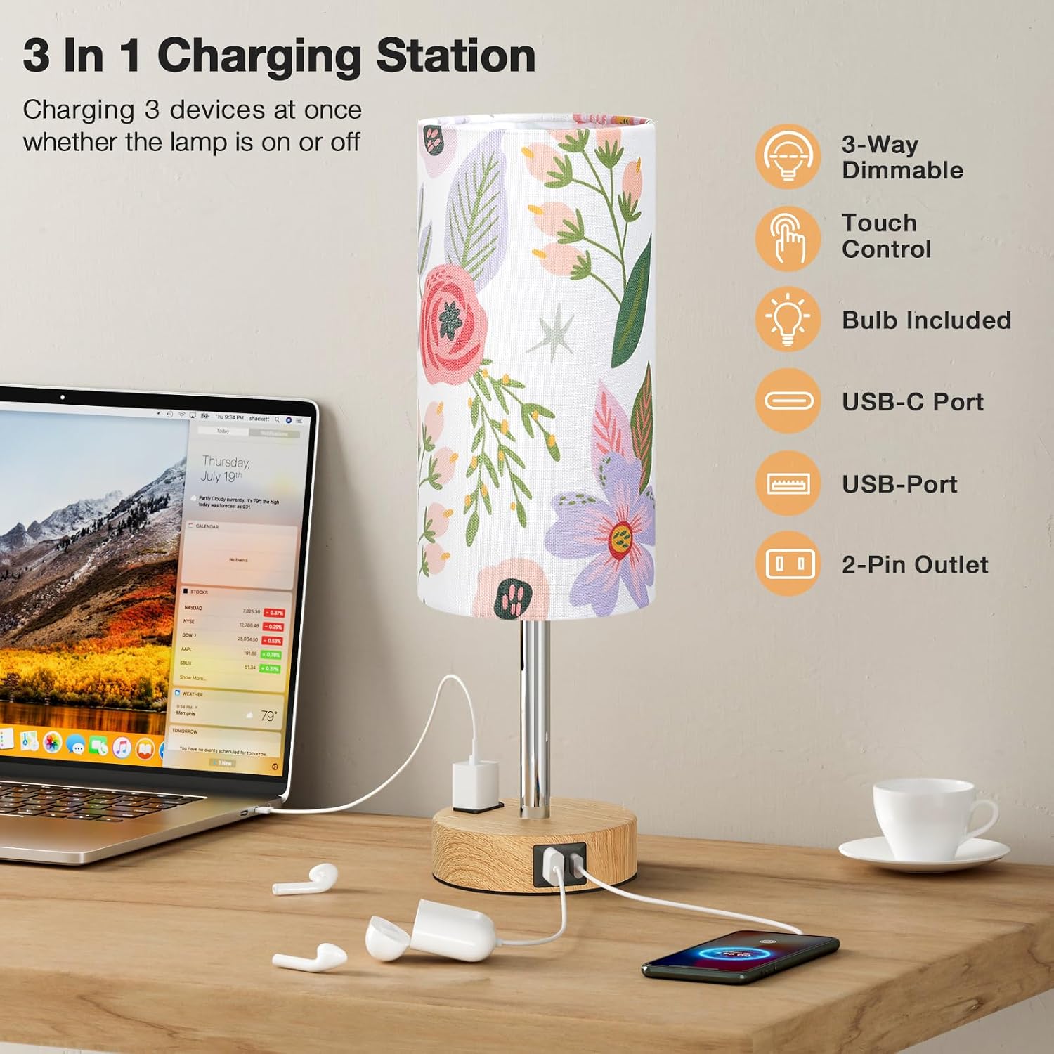 Fenmzee Floral Touch Lamp for Bedroom- 3 Way Dimmable Bedside Lamp USB C A Charging Ports and AC Outlet, Small Table Lamp Floral Linen…